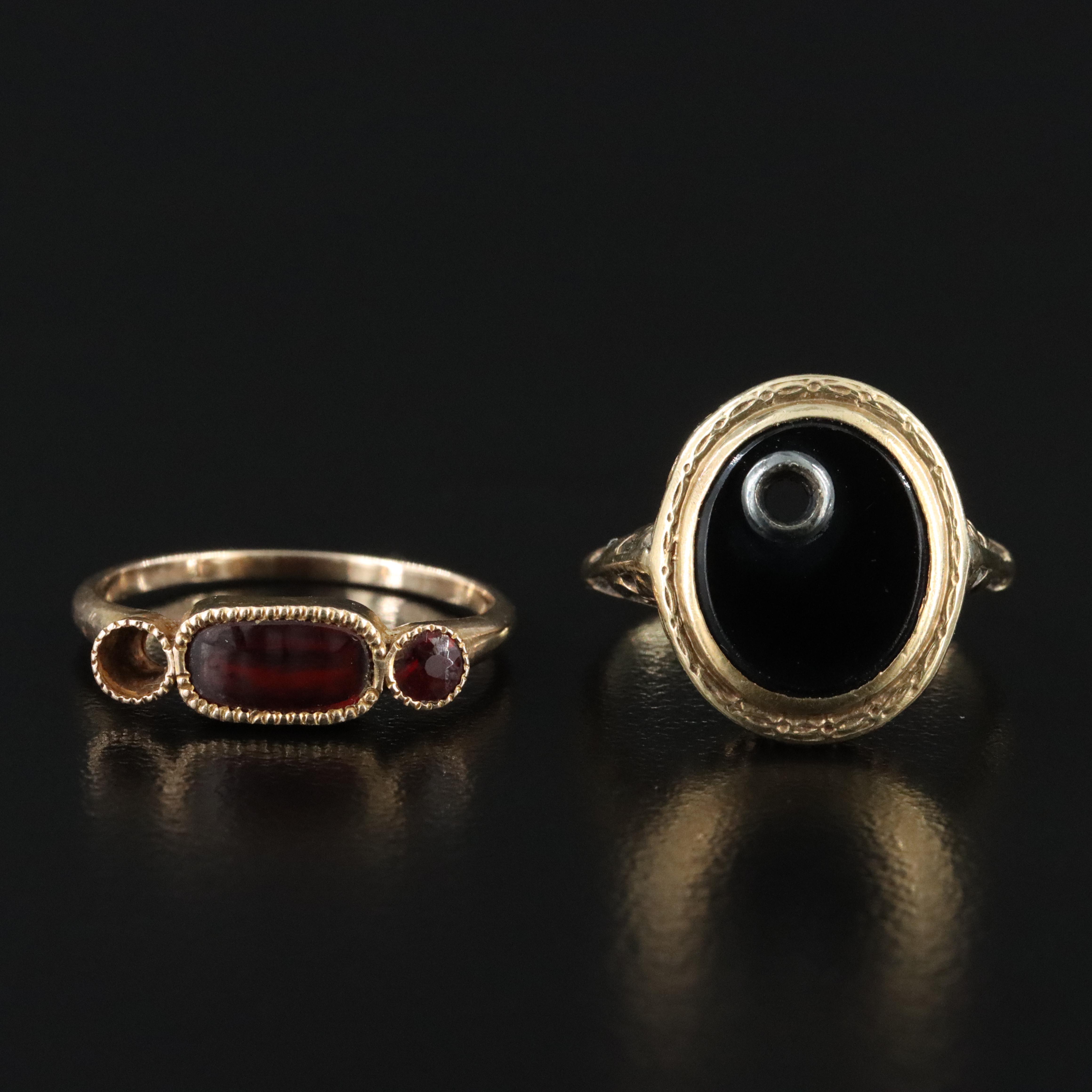 Vintage 10K Black Onyx and Garnet Semi-Mount Rings