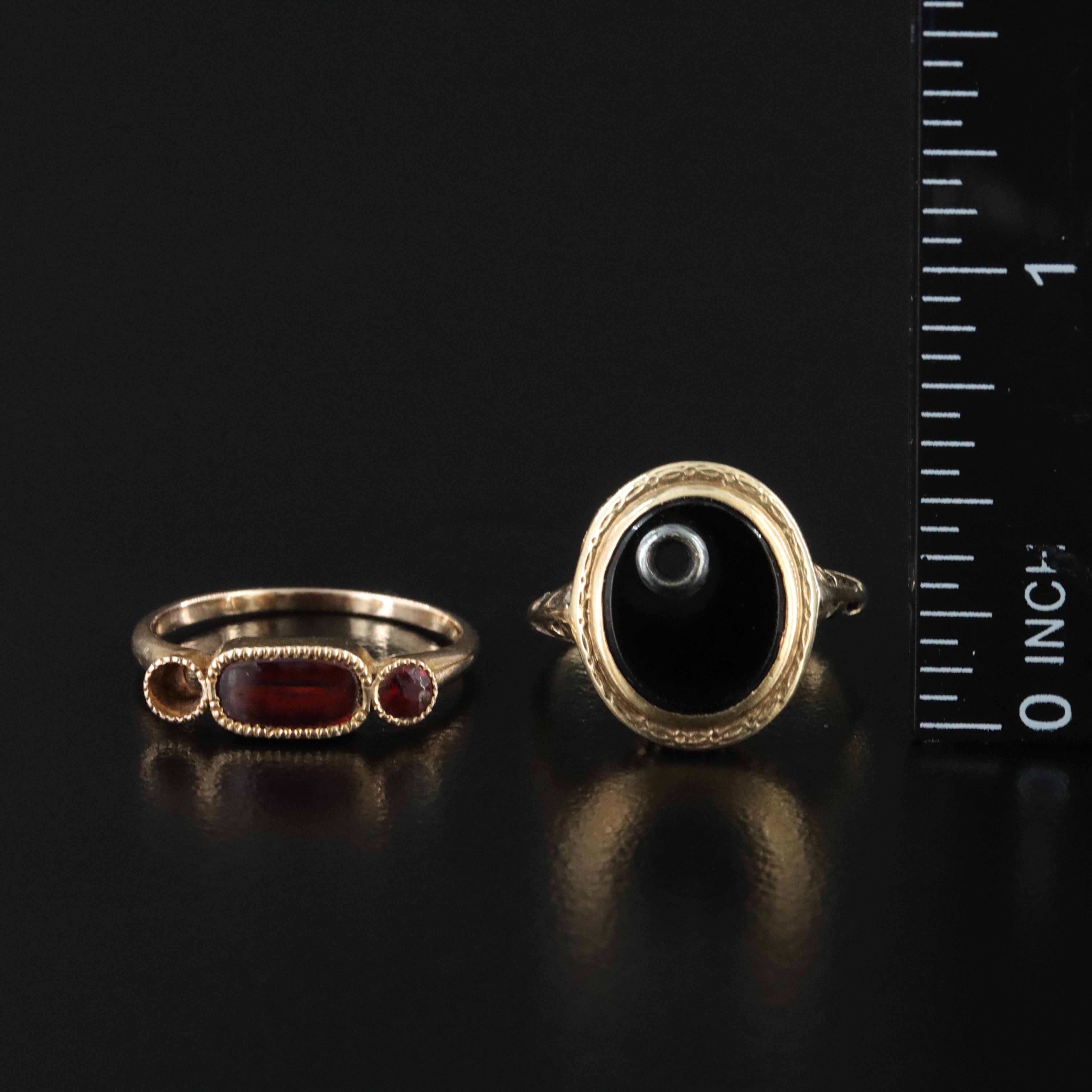 Vintage 10K Black Onyx and Garnet Semi-Mount Rings