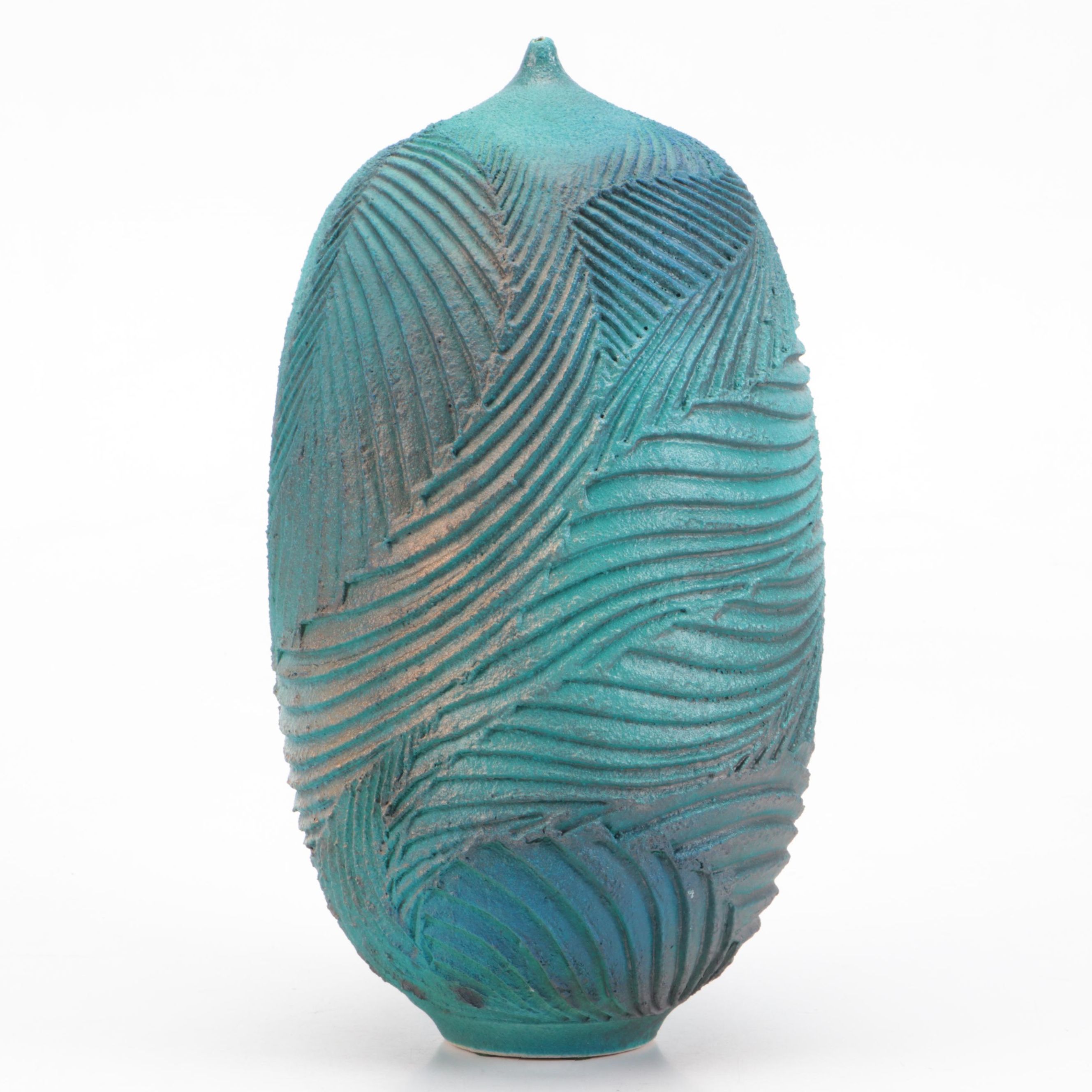 Signed Studio Pottery Textured Aqua and Teal Vase
