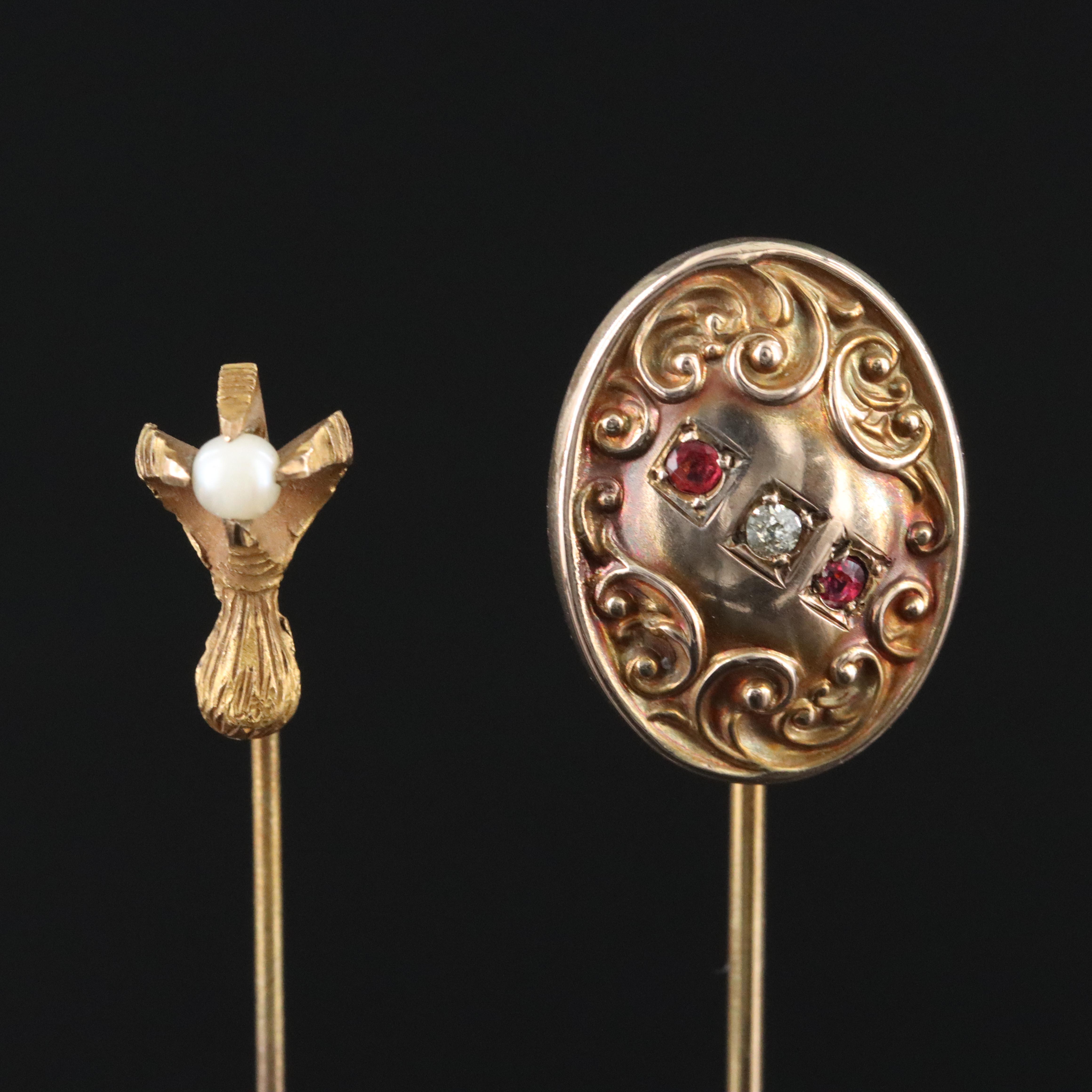 Antique 0.03 CT Diamond, Tourmaline, and Seed Pearl Stickpins