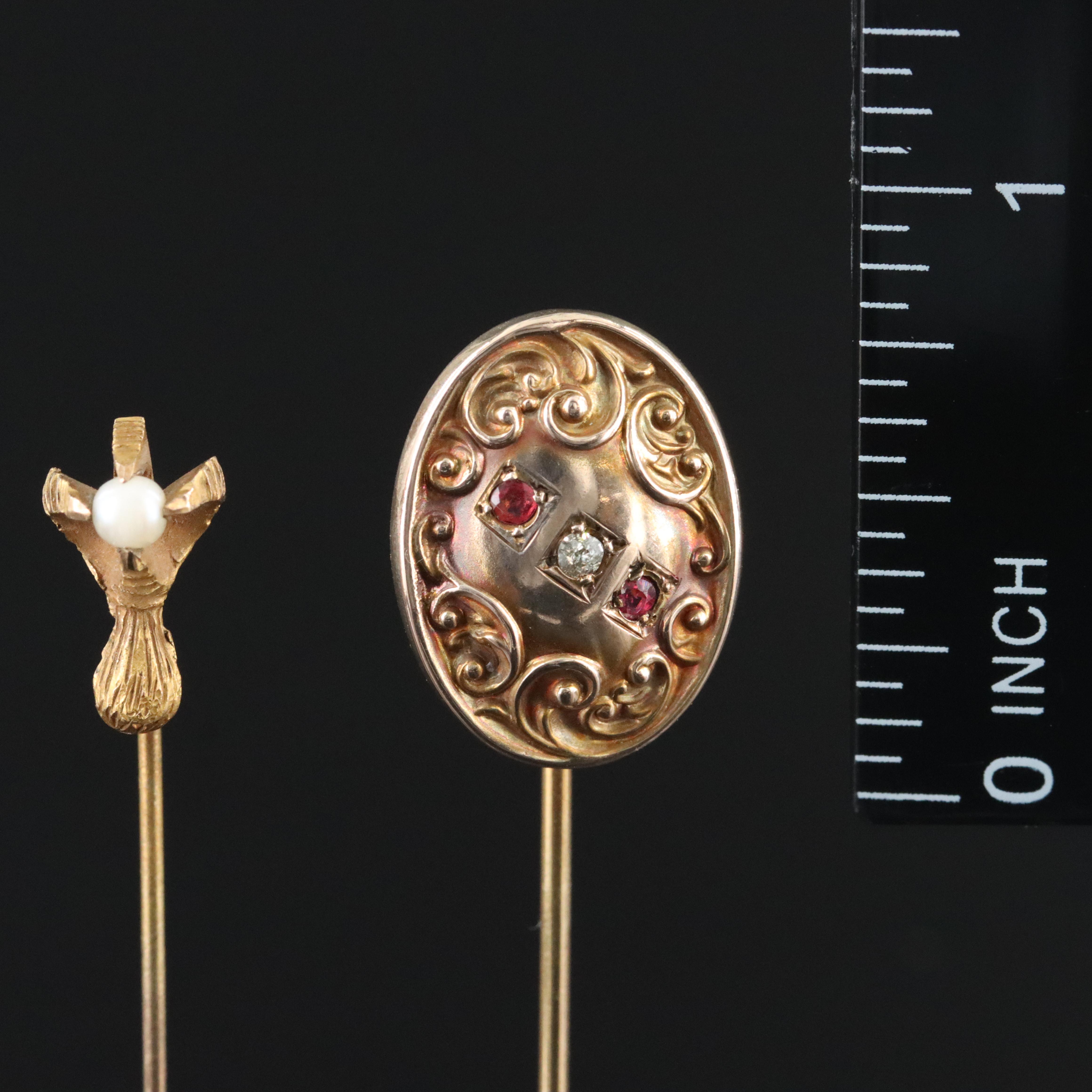 Antique 0.03 CT Diamond, Tourmaline, and Seed Pearl Stickpins