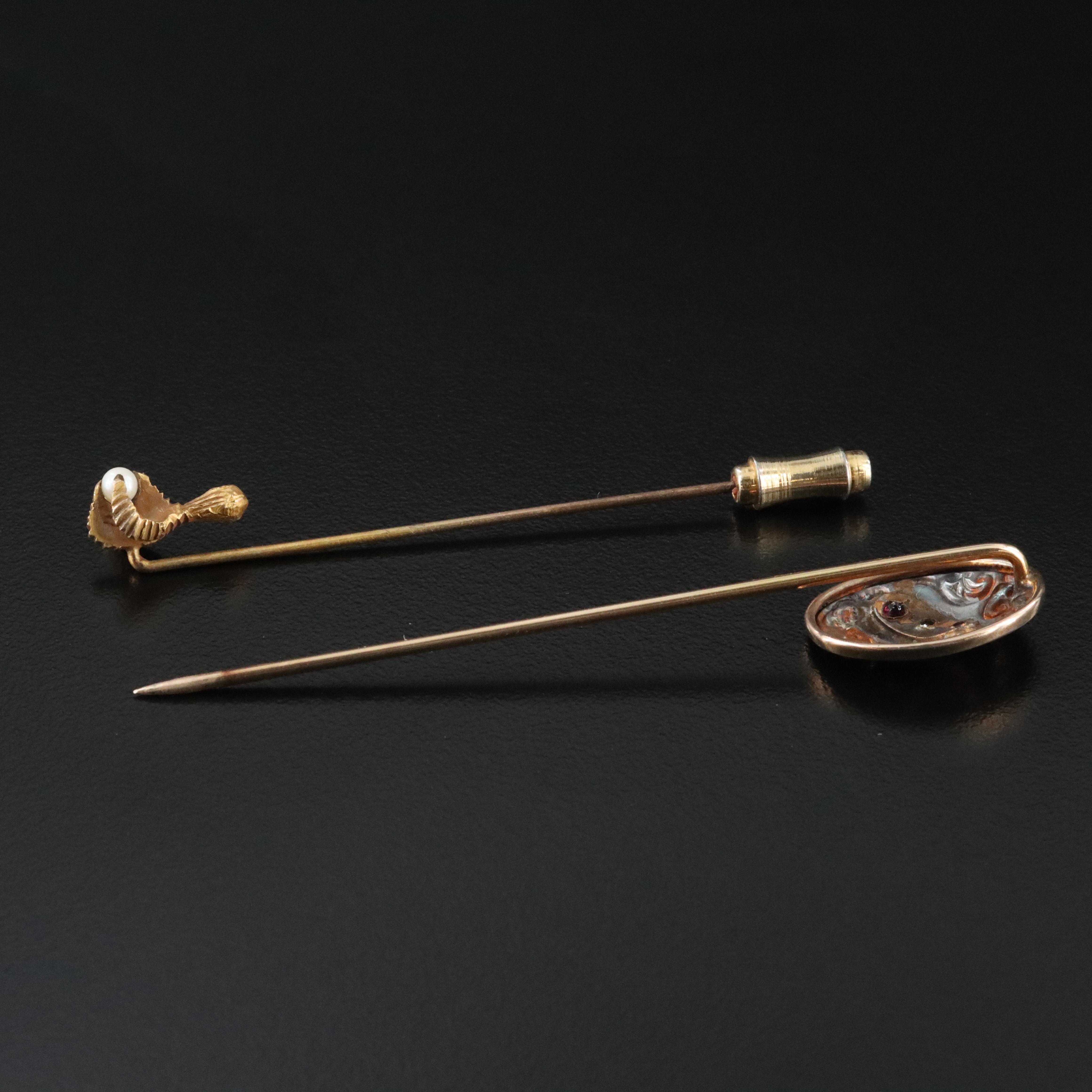 Antique 0.03 CT Diamond, Tourmaline, and Seed Pearl Stickpins