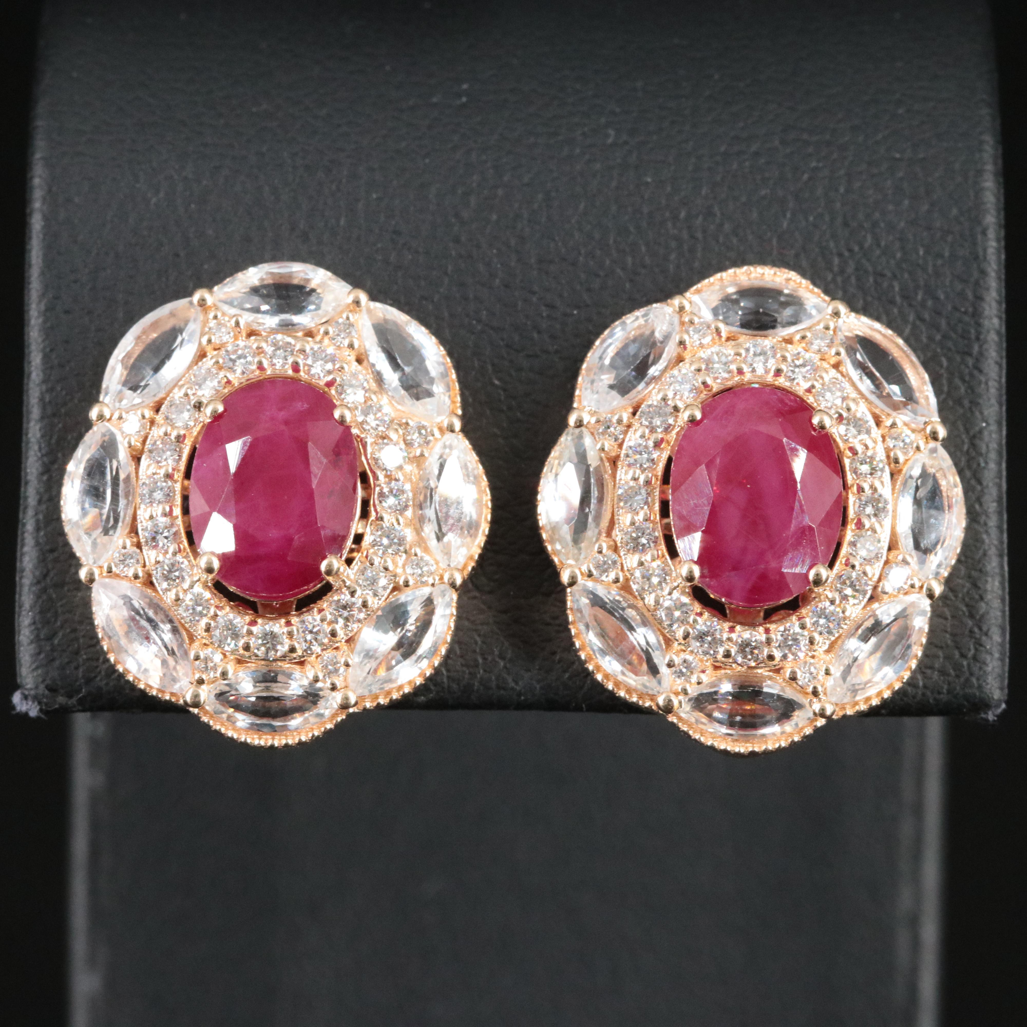 14K 5.96 CTW Ruby, White Sapphire, and Diamond Earrings with IGI Jewelry Report
