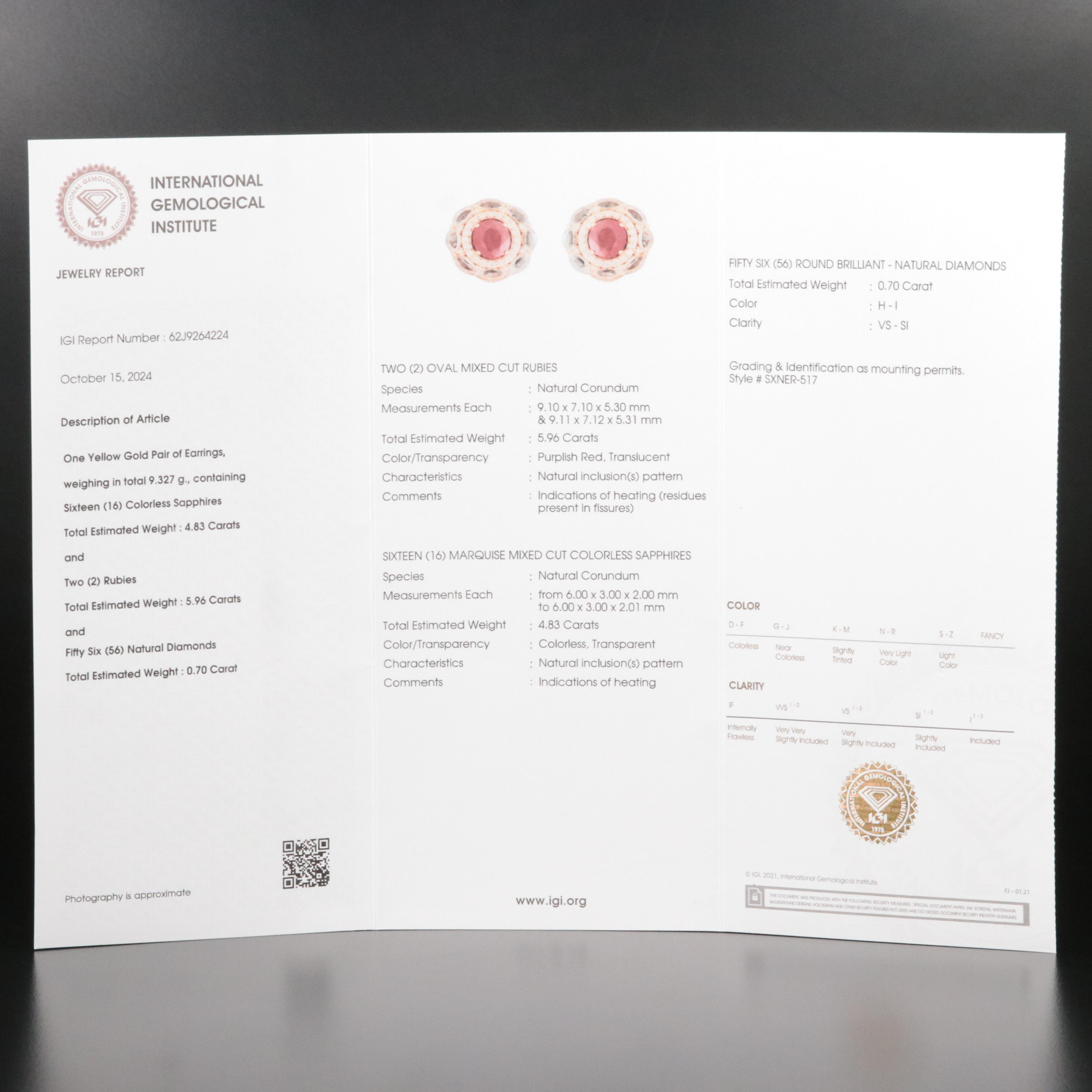 14K 5.96 CTW Ruby, White Sapphire, and Diamond Earrings with IGI Jewelry Report