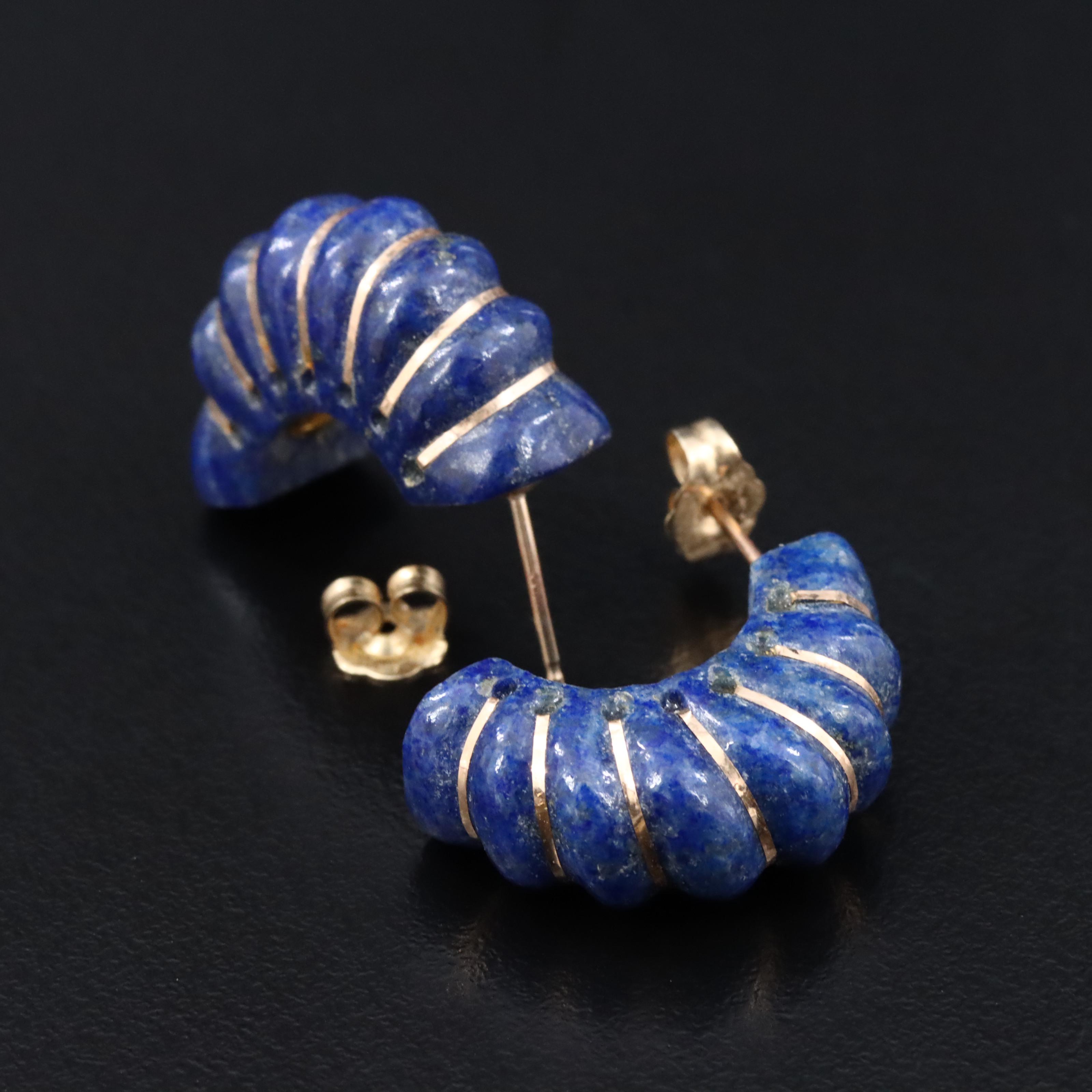 14K Carved Lapis Lazuli Earrings