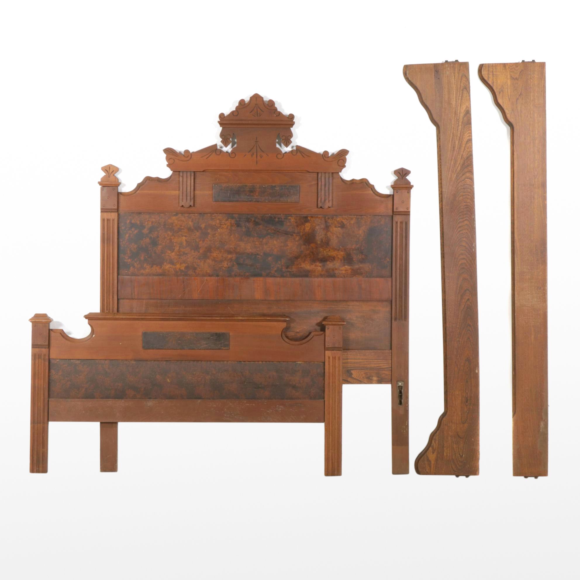 Victorian Eastlake Walnut and Burl Wood Full Size Bed Frame, Late 19th Century