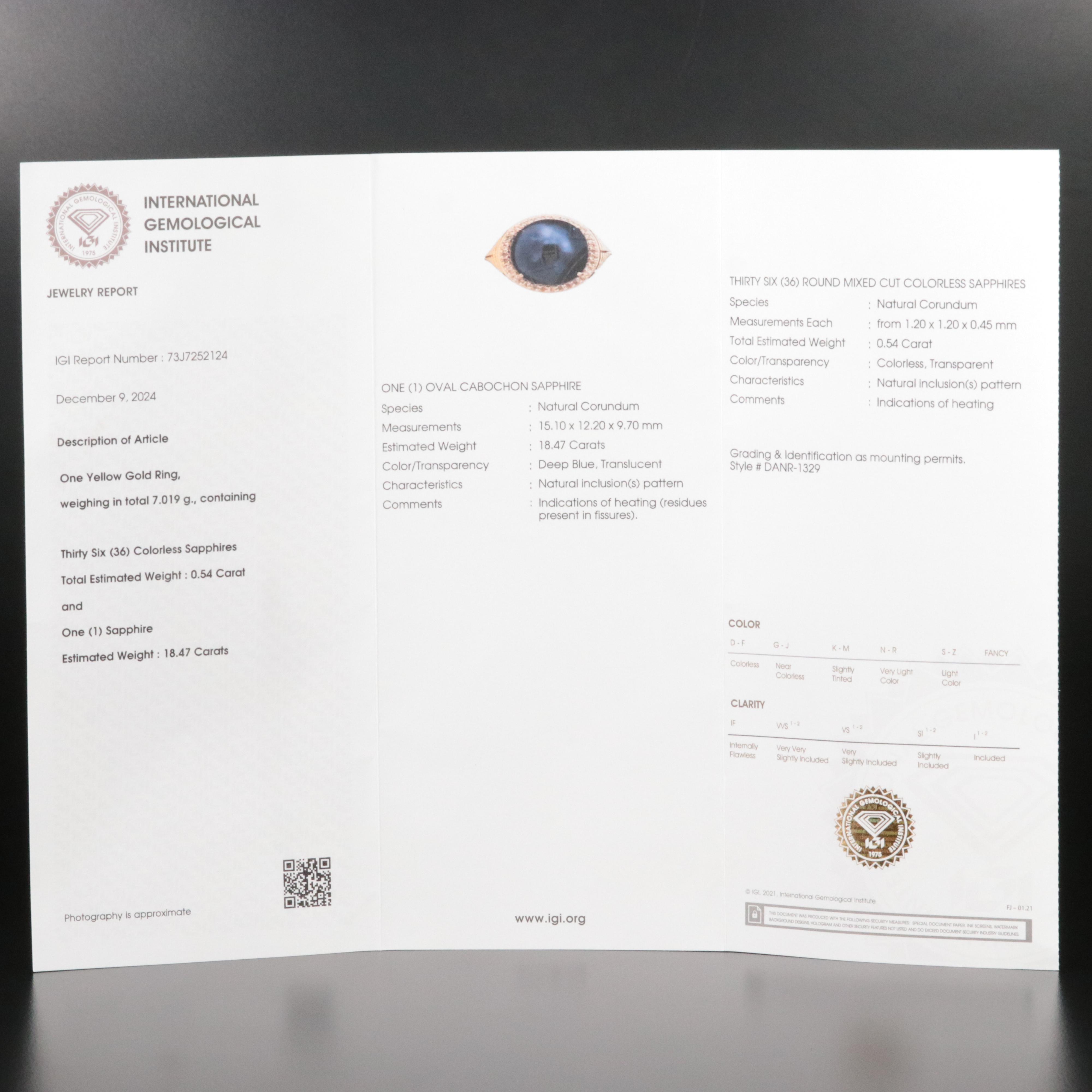 14K 18.47 CT Sapphire and White Sapphire Ring with IGI Jewelry Report