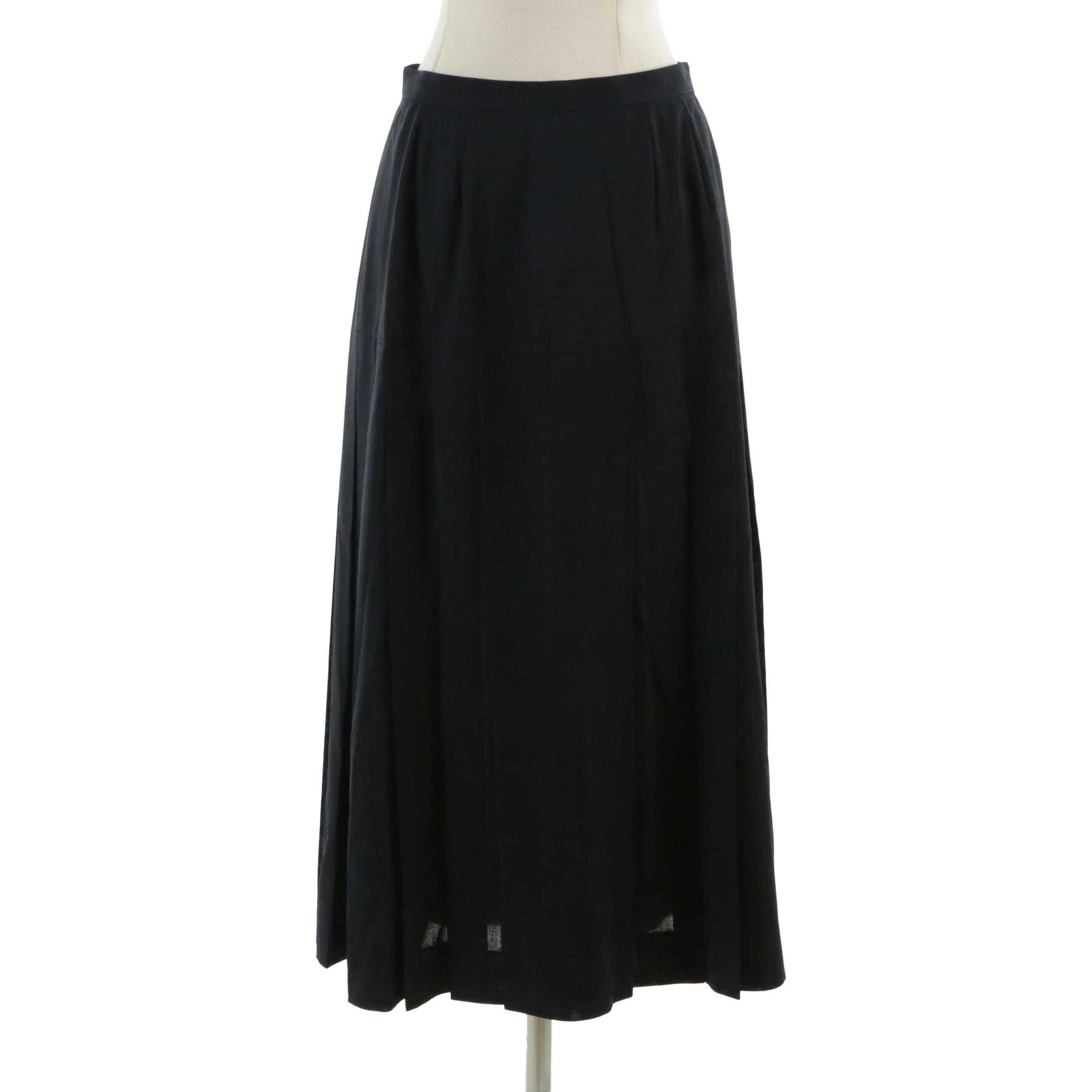 Chanel High Waist Pleated Yoke Skirt in Navy Blue Wool, circa 1970