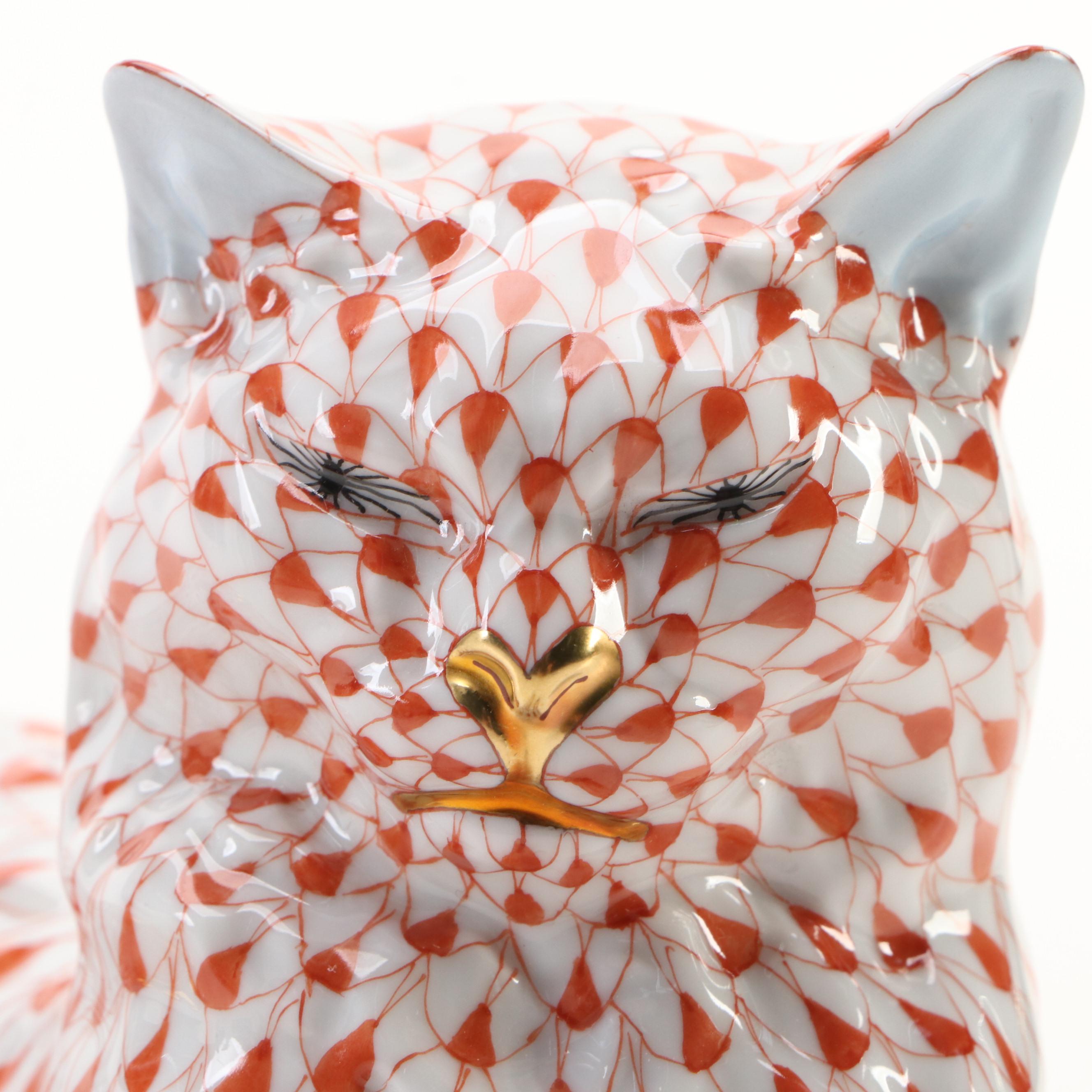 Herend Rust Fishnet with Gold "Lying Cat" Porcelain Figurine, 1997