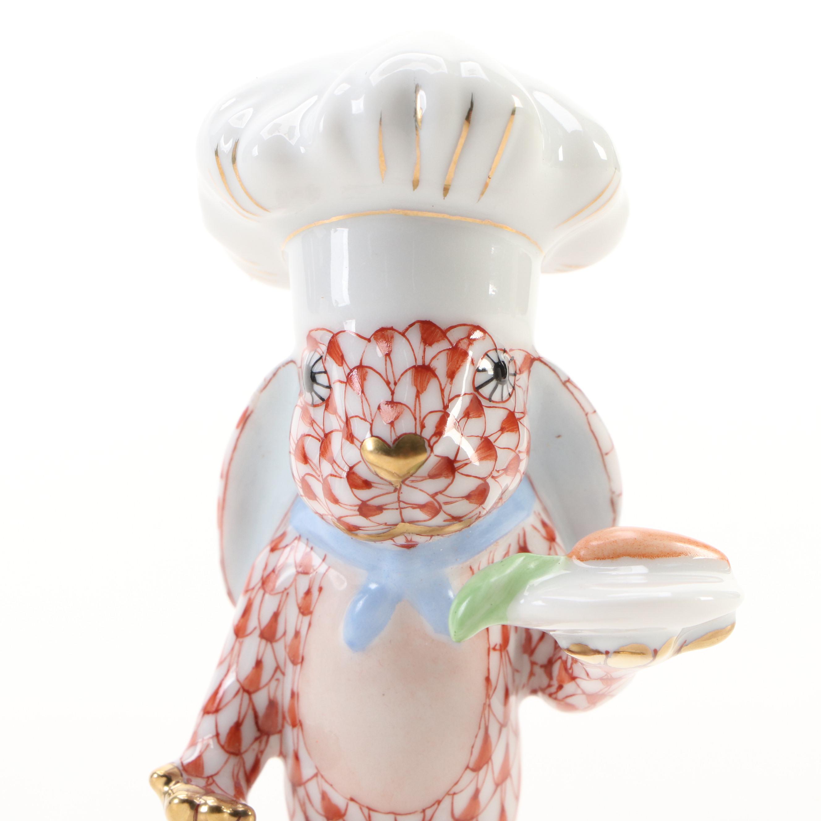 Herend Rust Fishnet with Gold "Chef Bunny" Porcelain Figurine