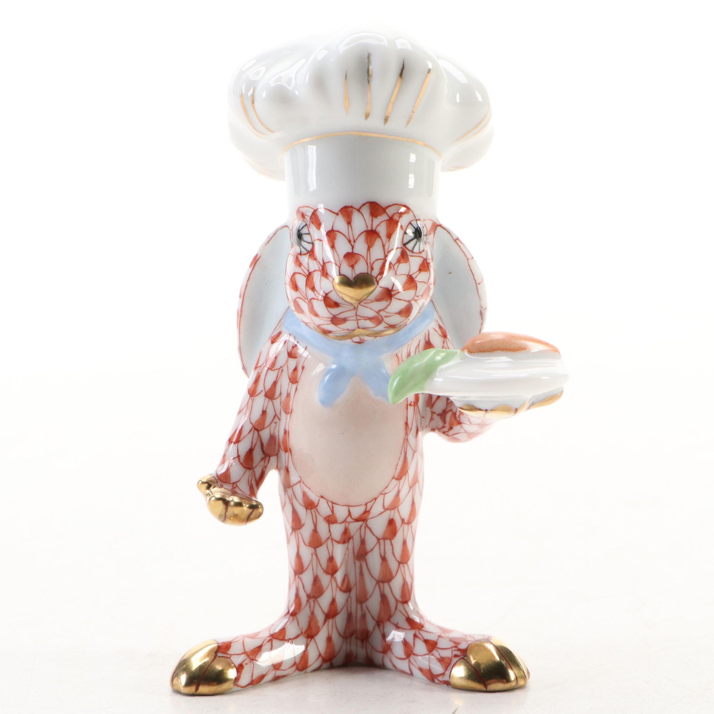 Herend Rust Fishnet with Gold "Chef Bunny" Porcelain Figurine