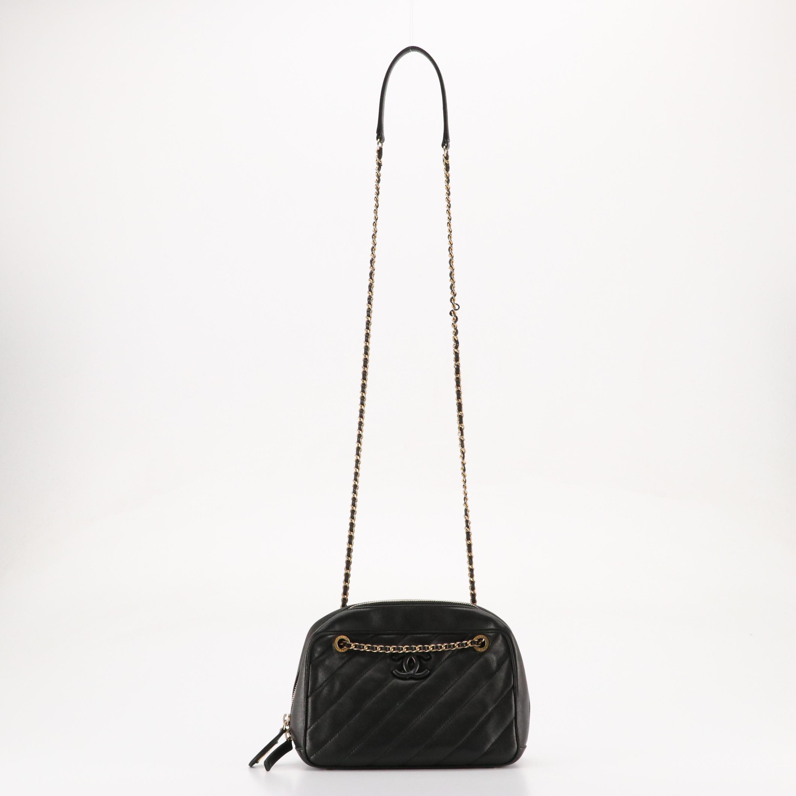 Chanel Zip-Around Chain Strap Camera Bag in Black Diagonal Quilted Leather