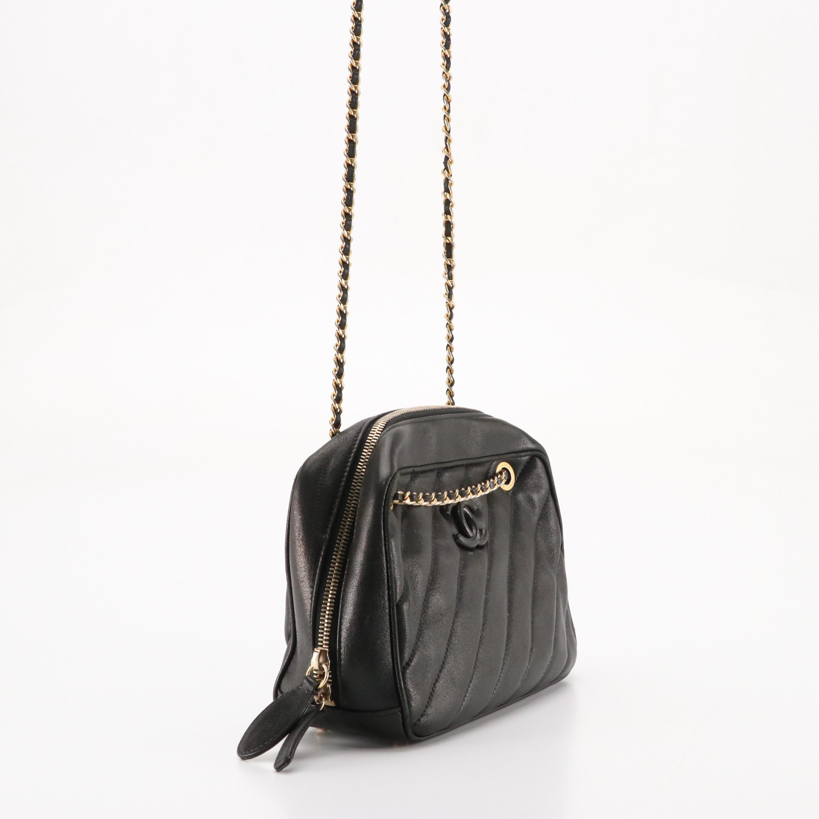 Chanel Zip-Around Chain Strap Camera Bag in Black Diagonal Quilted Leather