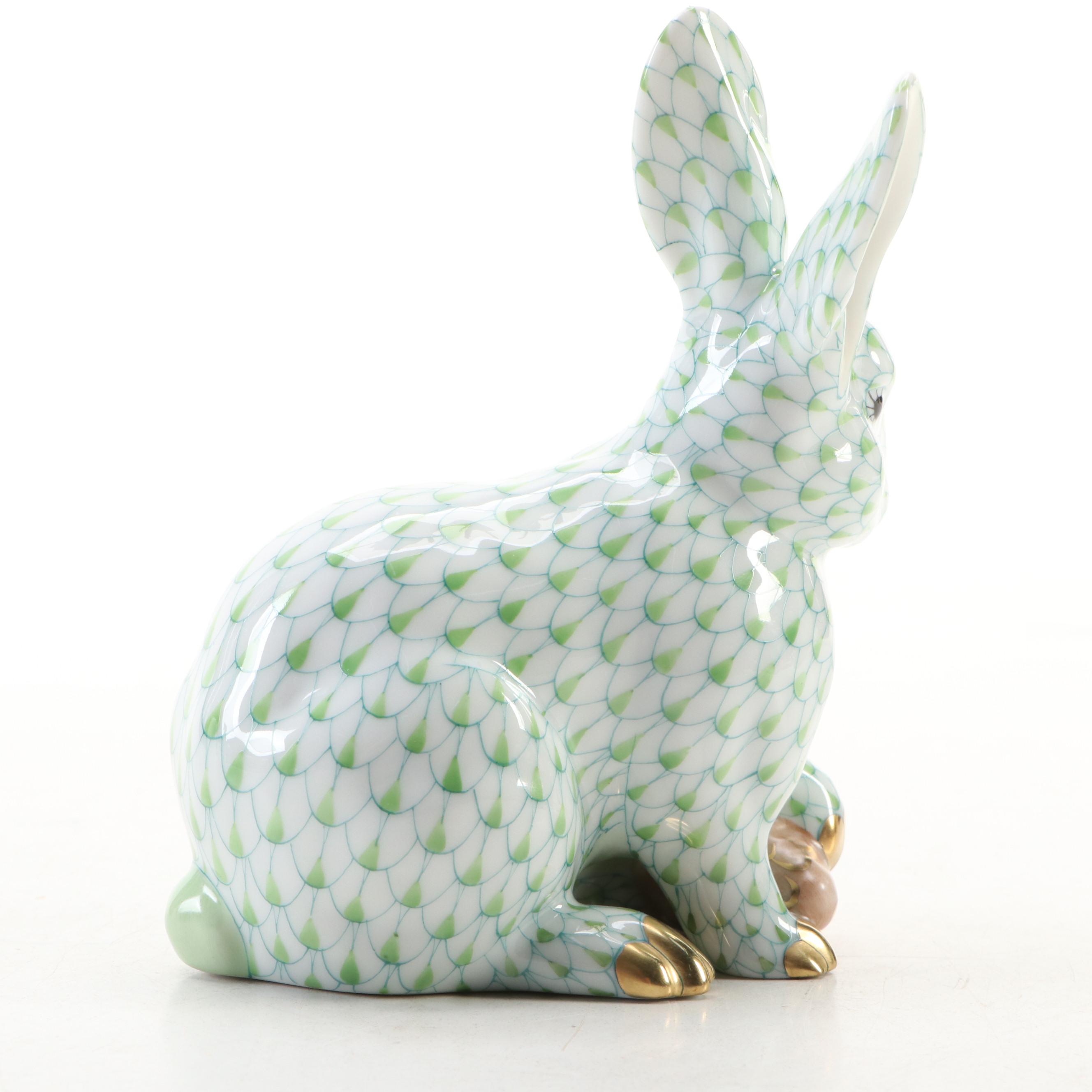 Herend Key Lime Fishnet with Gold "Winter Bunny" Porcelain Figurine
