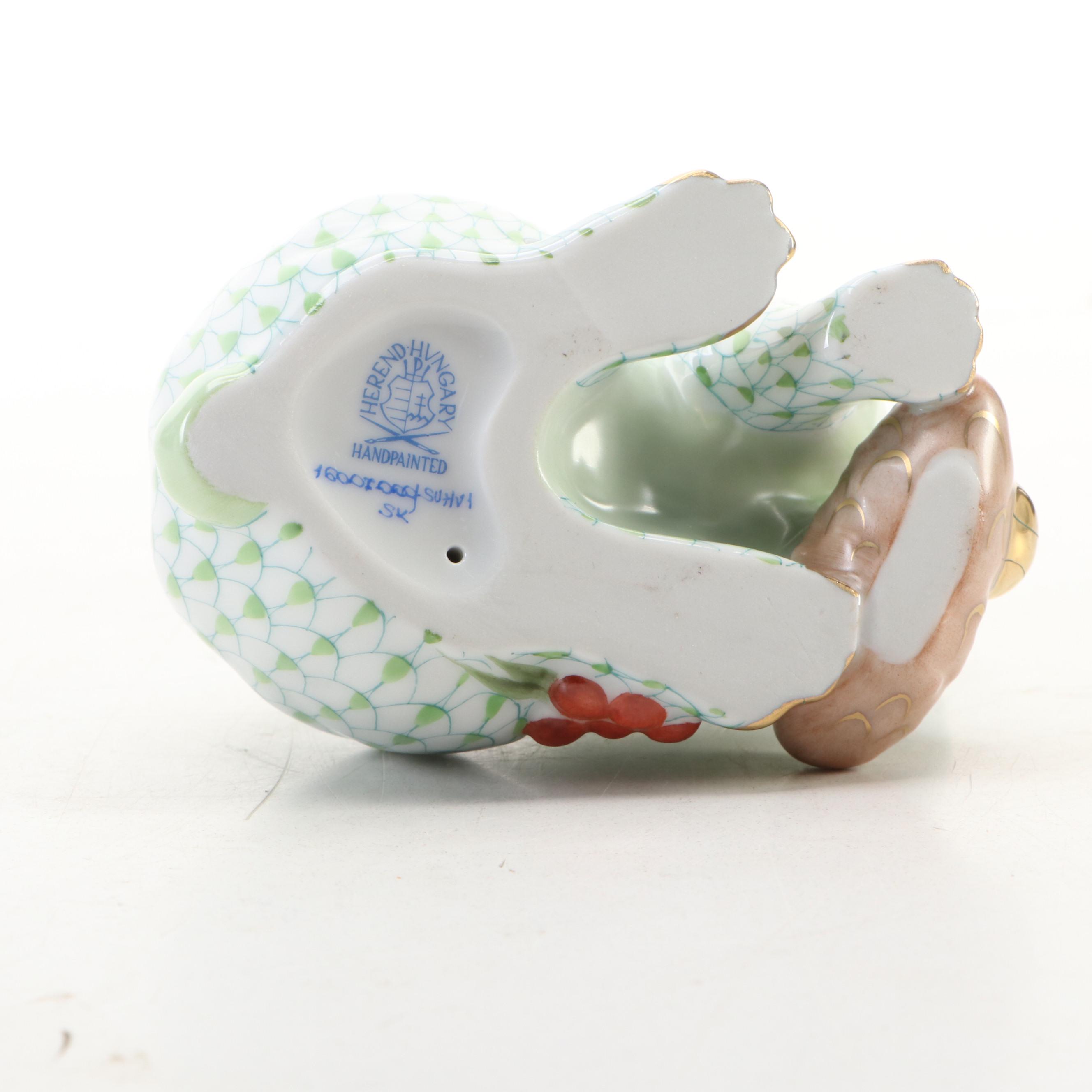 Herend Key Lime Fishnet with Gold "Winter Bunny" Porcelain Figurine