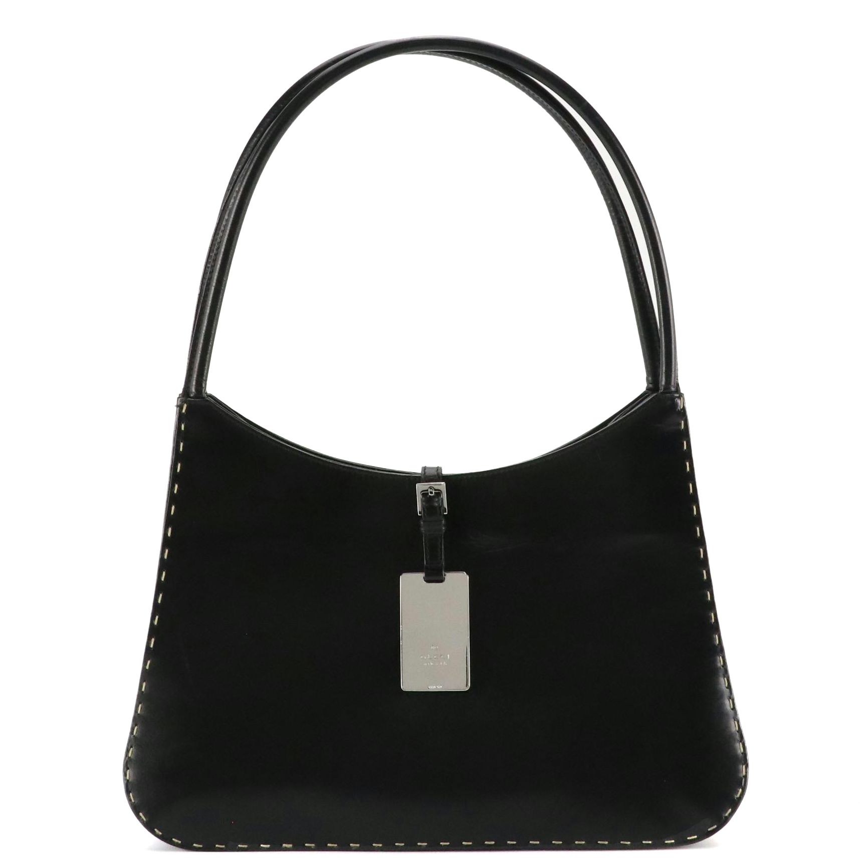 Gucci Black Leather Top Handle Shoulder Bag with Contrast Running Stitch