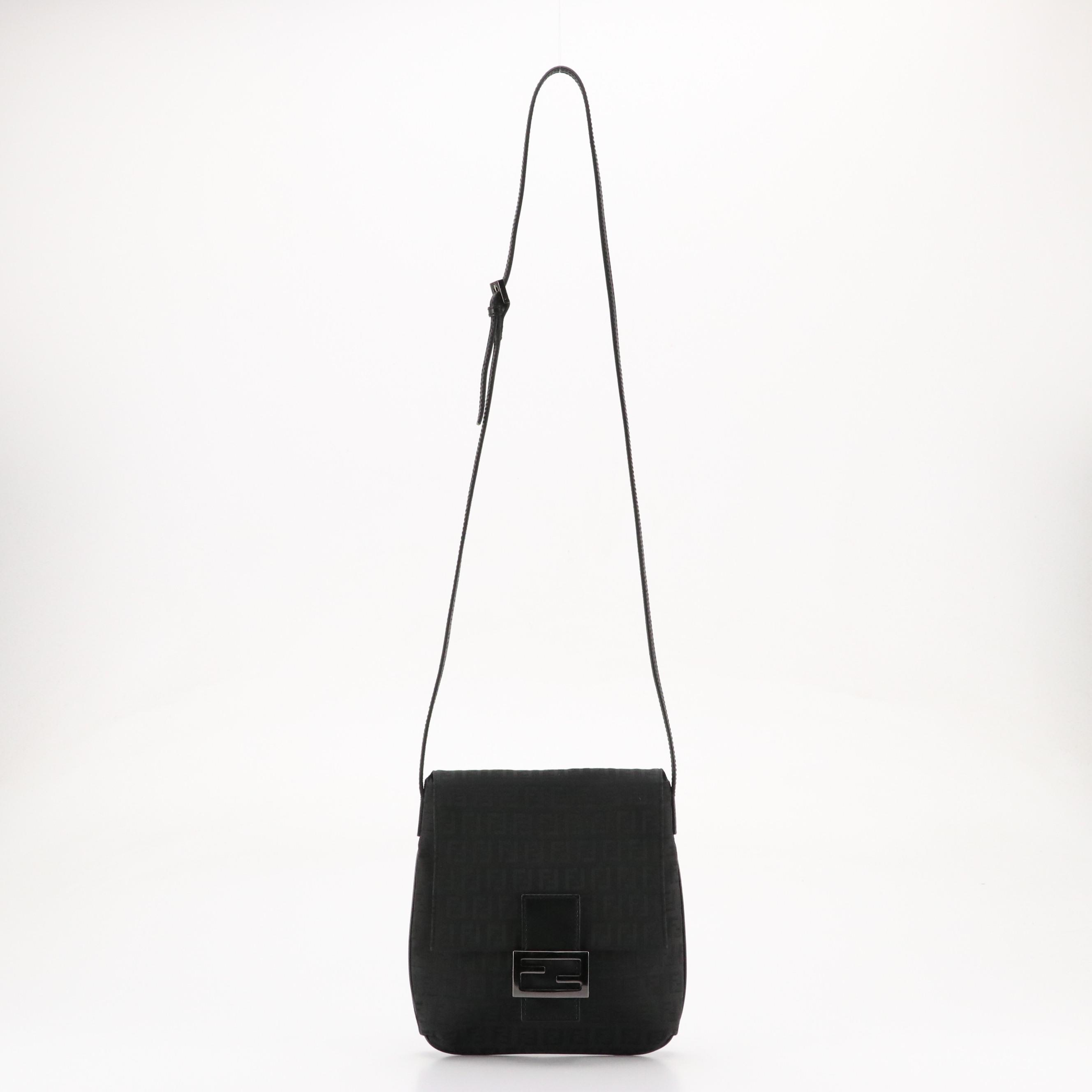 Fendi Front Flap Crossbody Bag in Black Zucchino Canvas and Leather Trim
