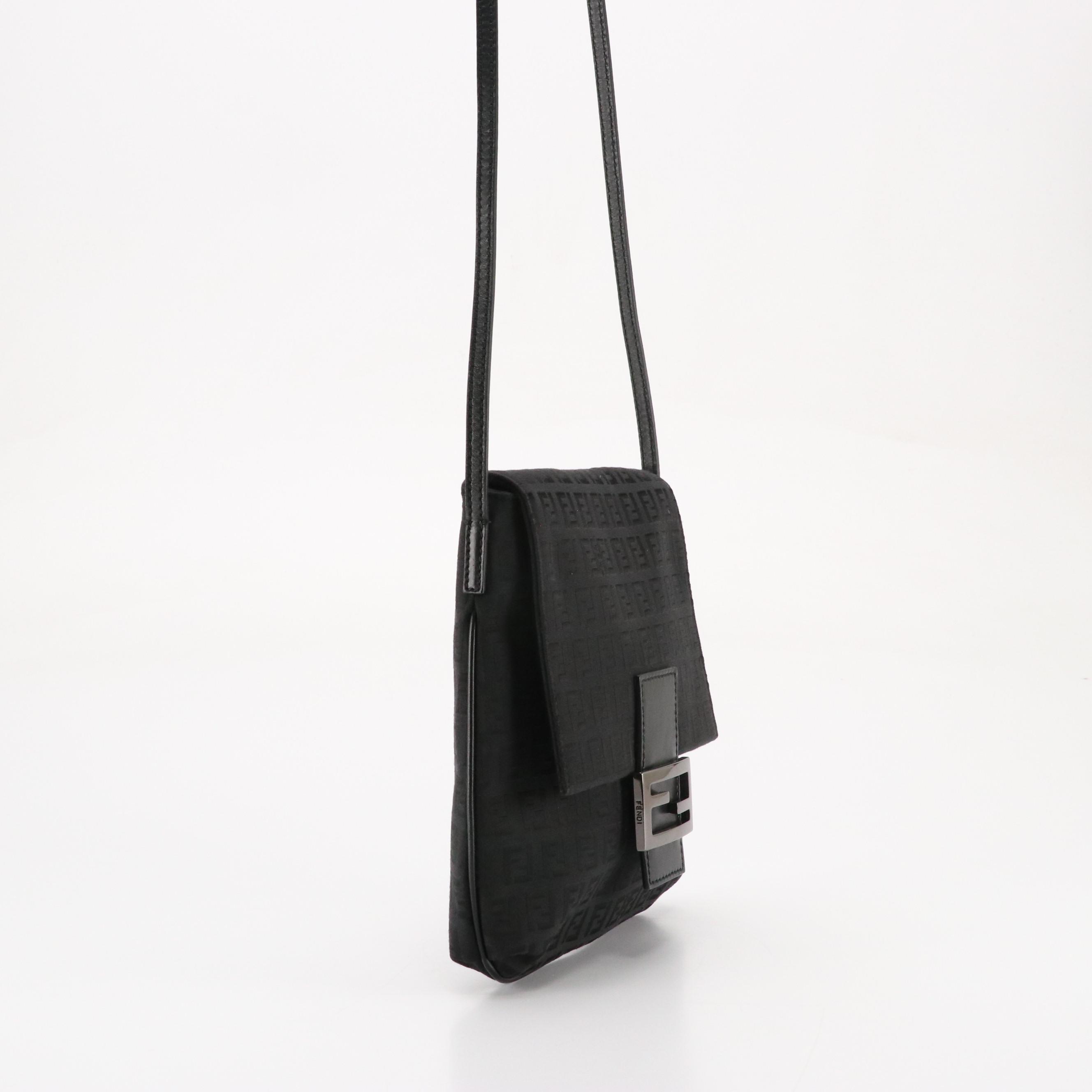 Fendi Front Flap Crossbody Bag in Black Zucchino Canvas and Leather Trim