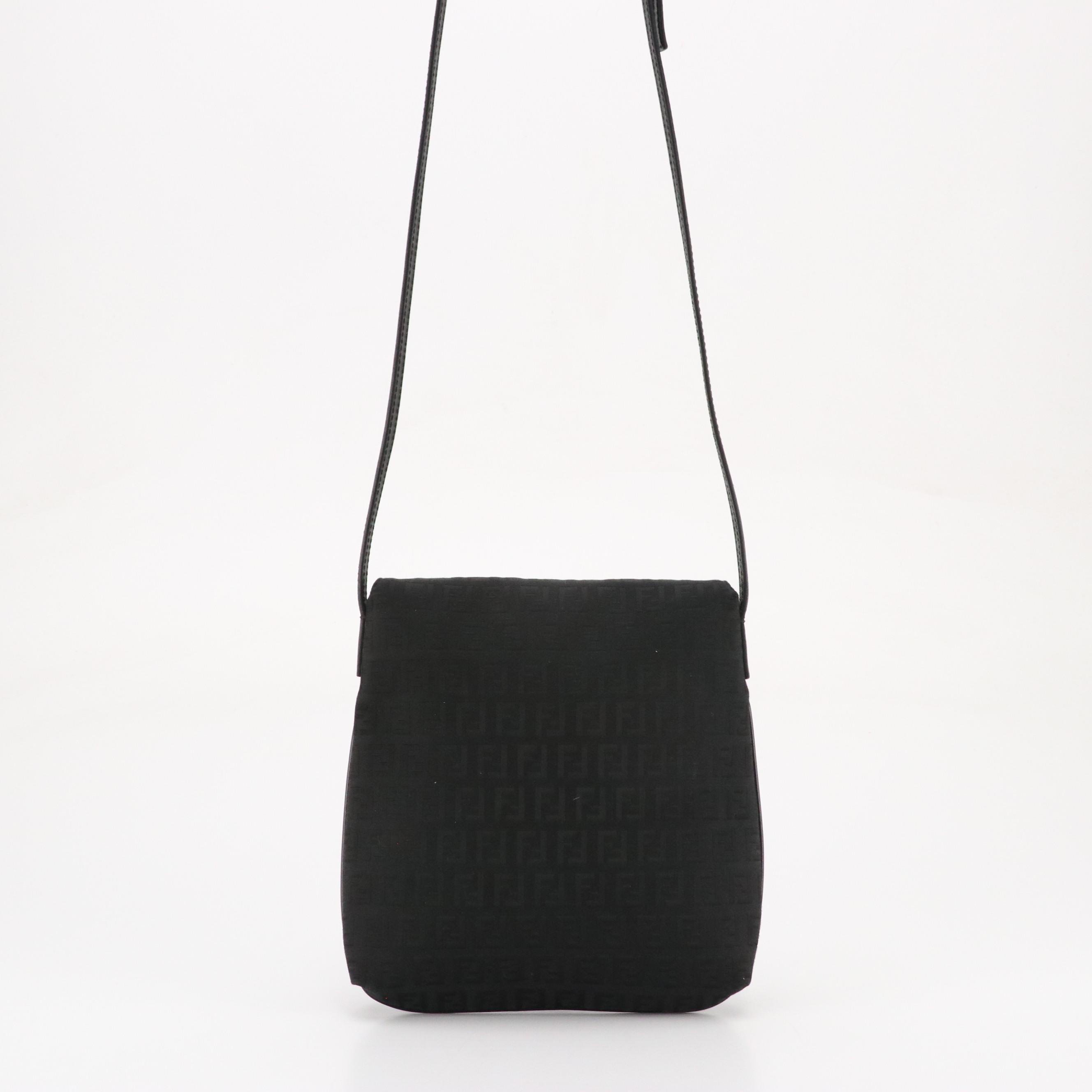 Fendi Front Flap Crossbody Bag in Black Zucchino Canvas and Leather Trim