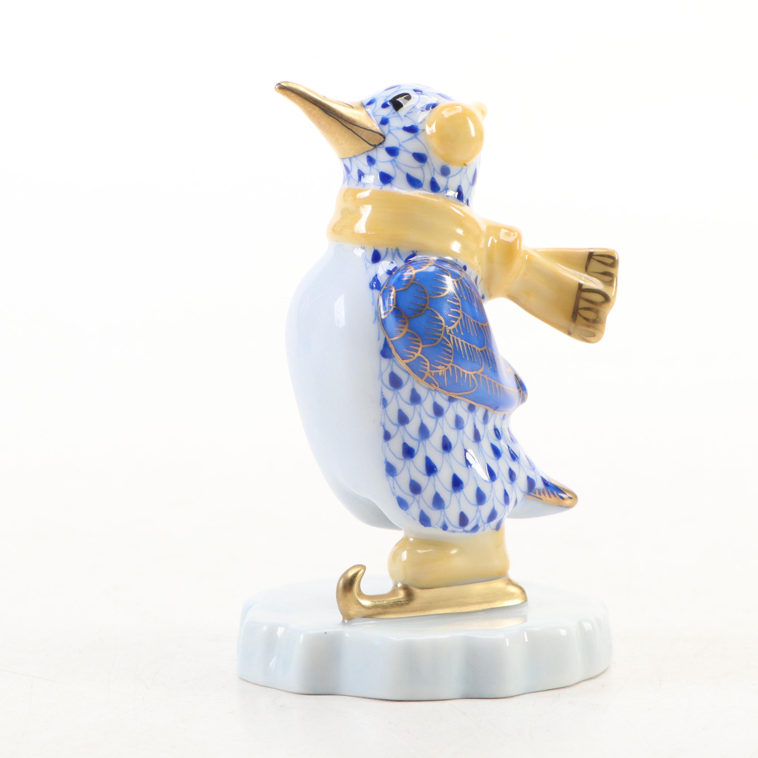 Herend Sapphire Fishnet with Gold "Ice Skating Penguin" Porcelain Figurine