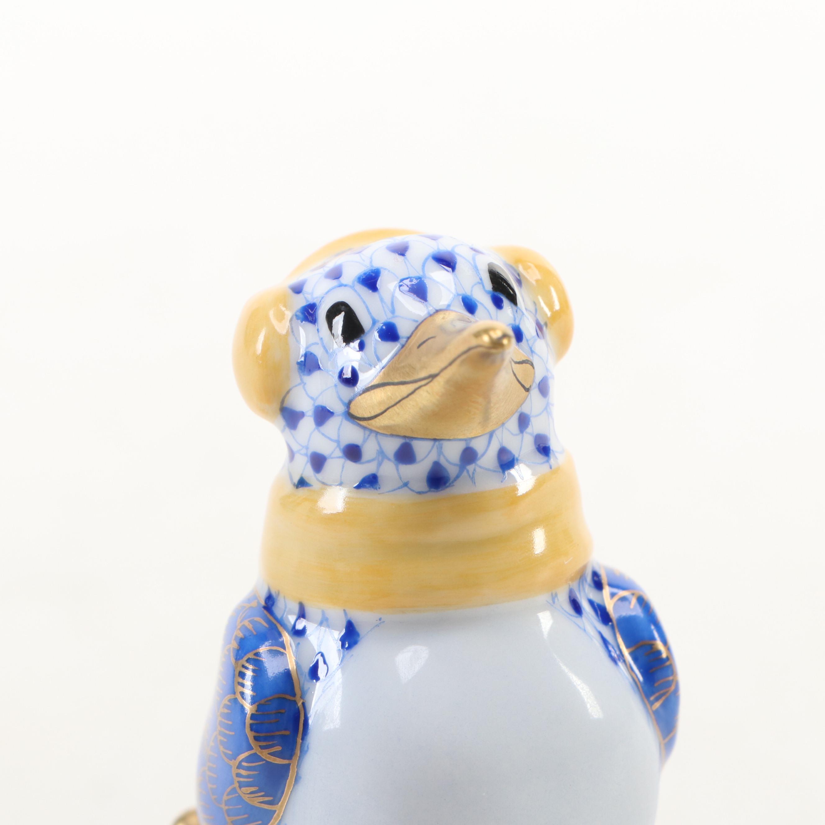 Herend Sapphire Fishnet with Gold "Ice Skating Penguin" Porcelain Figurine