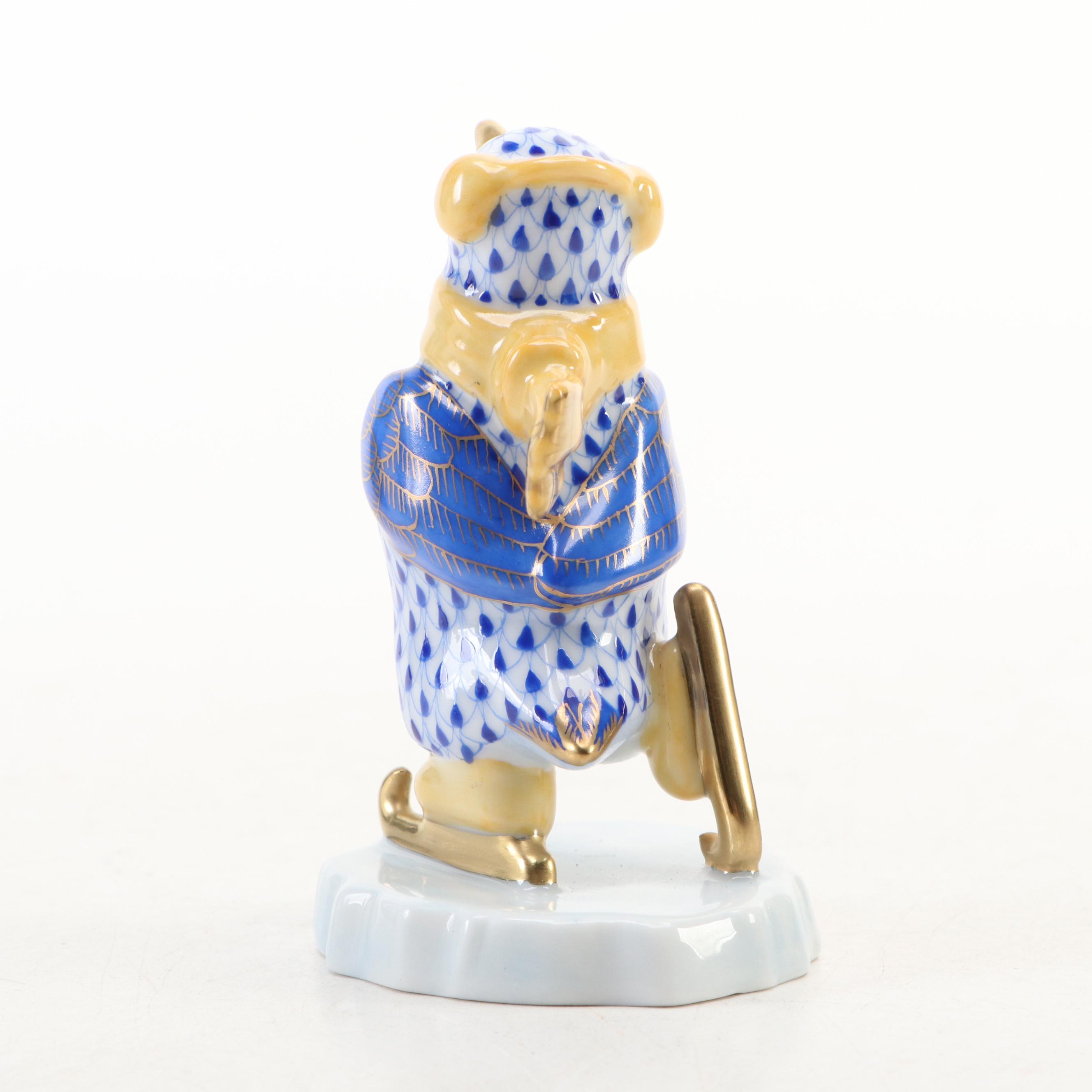 Herend Sapphire Fishnet with Gold "Ice Skating Penguin" Porcelain Figurine