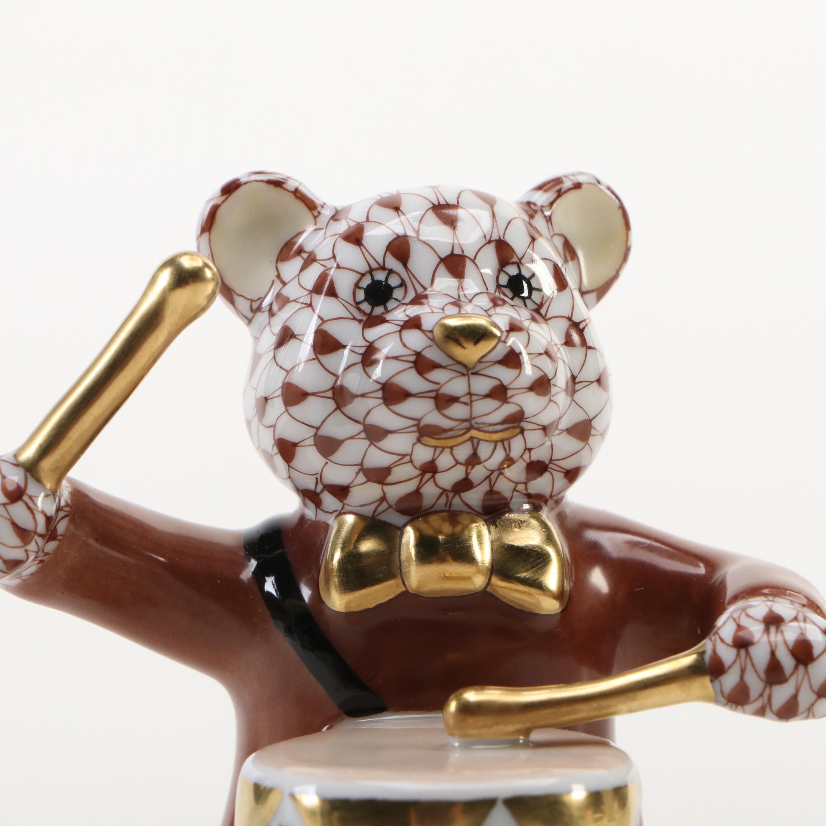 Herend Chocolate Fishnet with Gold "Little Drummer Bear" Porcelain Figurine