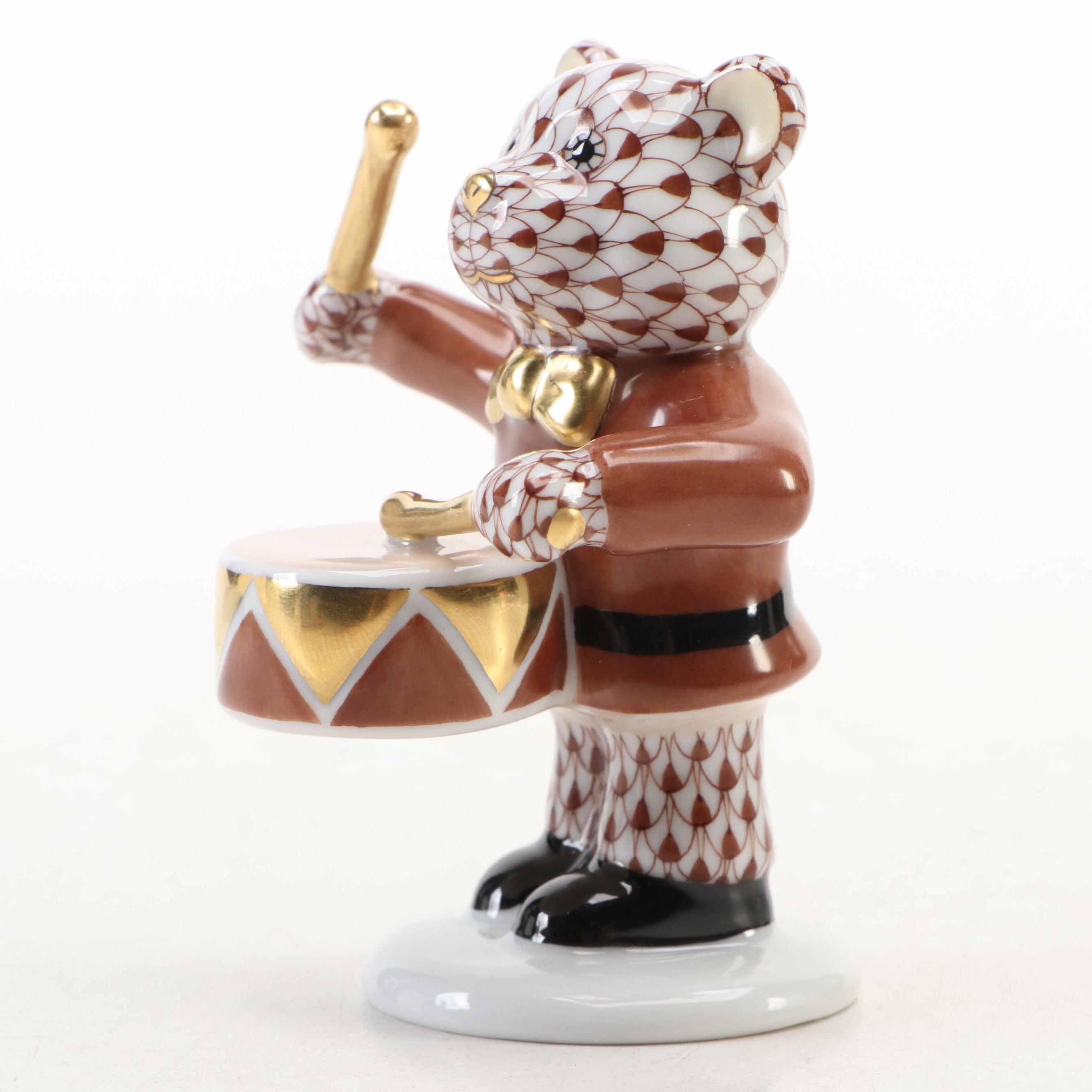 Herend Chocolate Fishnet with Gold "Little Drummer Bear" Porcelain Figurine