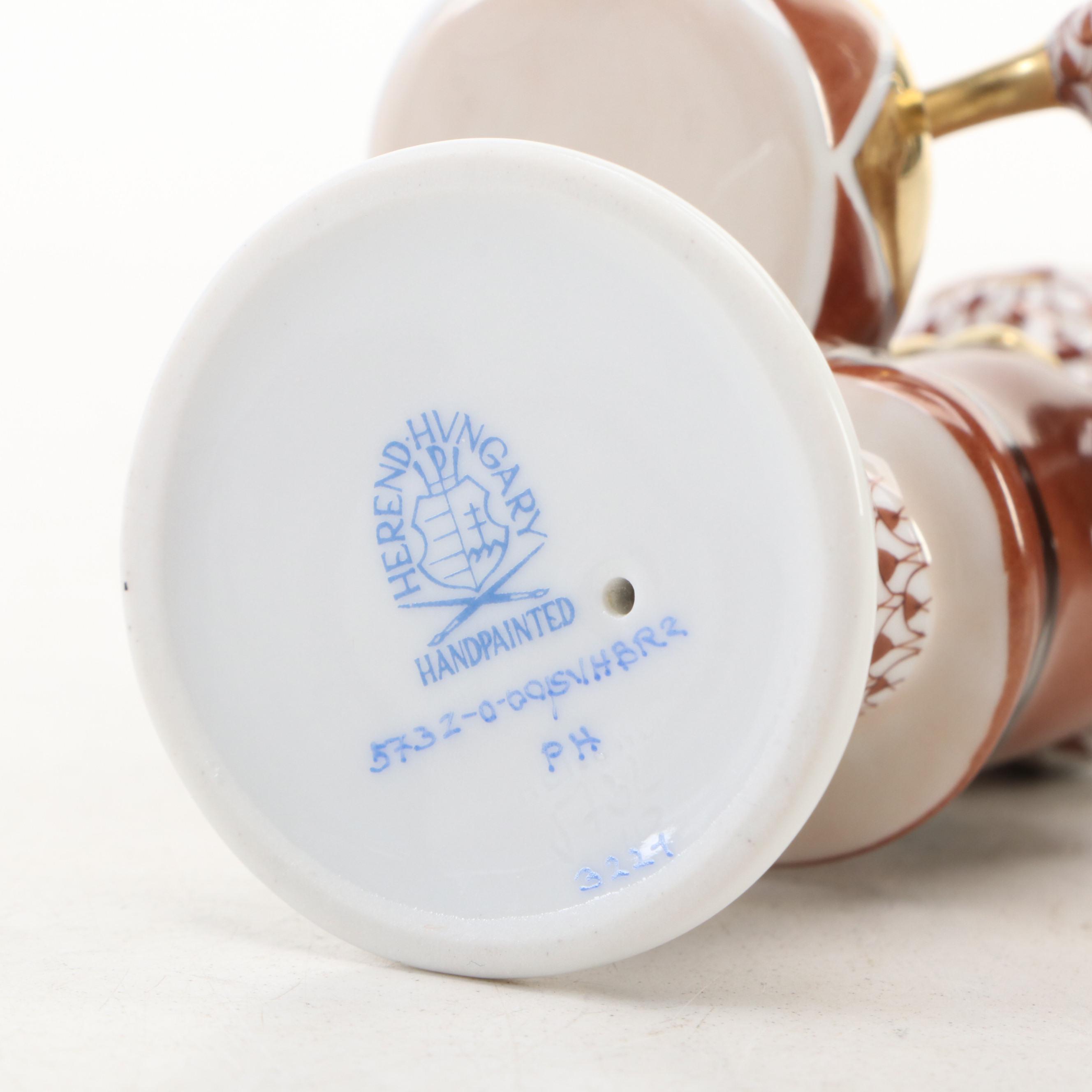 Herend Chocolate Fishnet with Gold "Little Drummer Bear" Porcelain Figurine