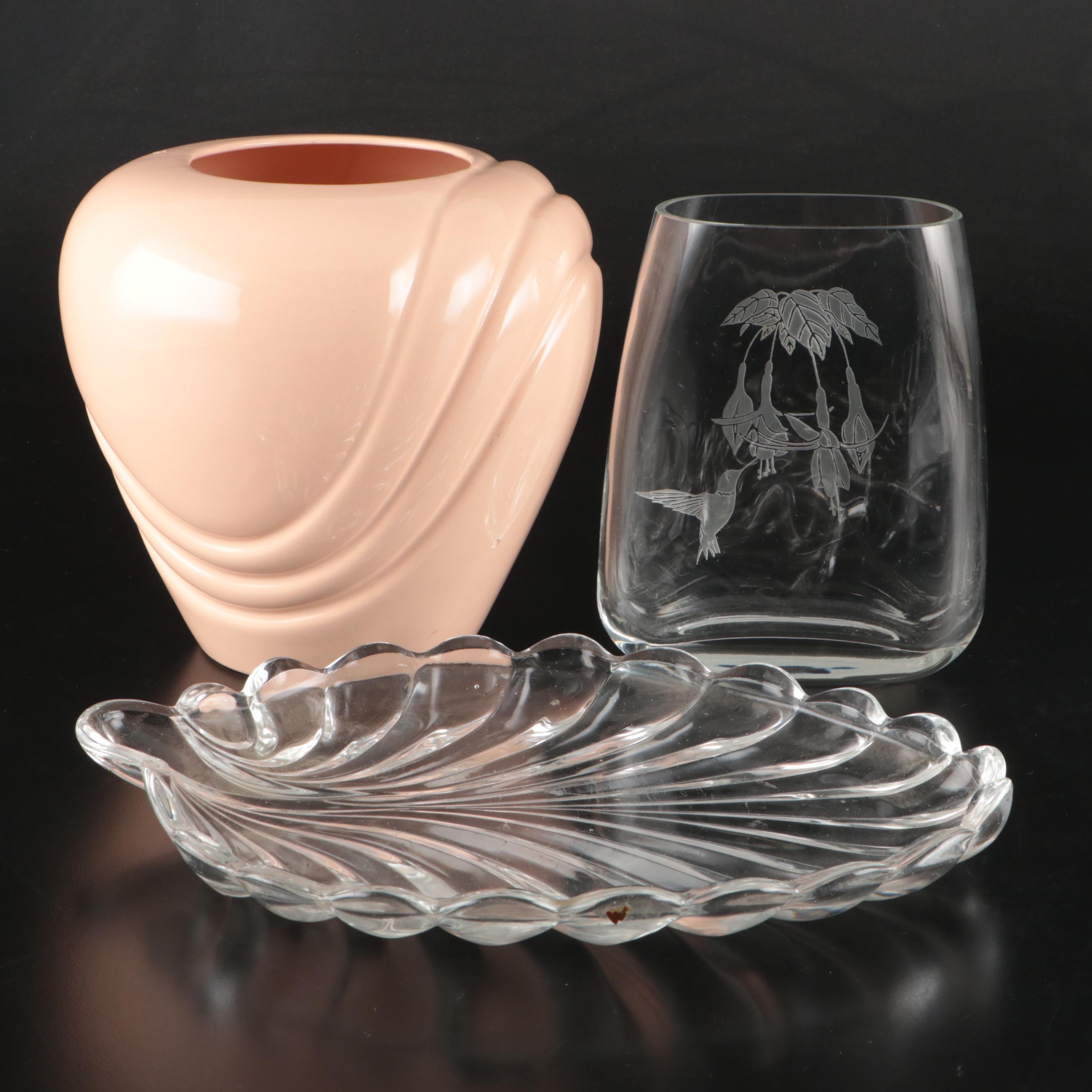 Art Deco Revival Vase with Etched Hummingbird Glass Vase and Leaf Platter