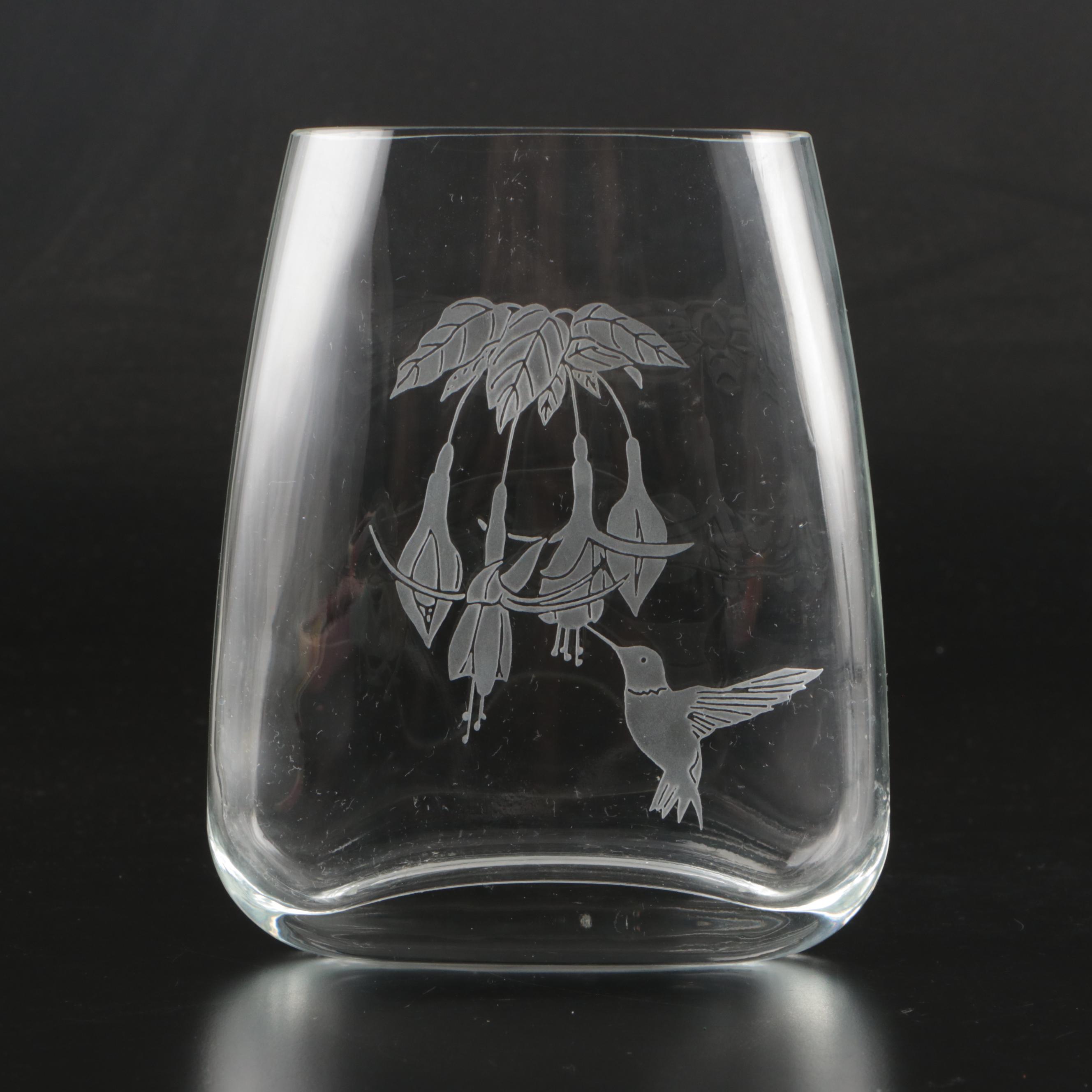 Art Deco Revival Vase with Etched Hummingbird Glass Vase and Leaf Platter