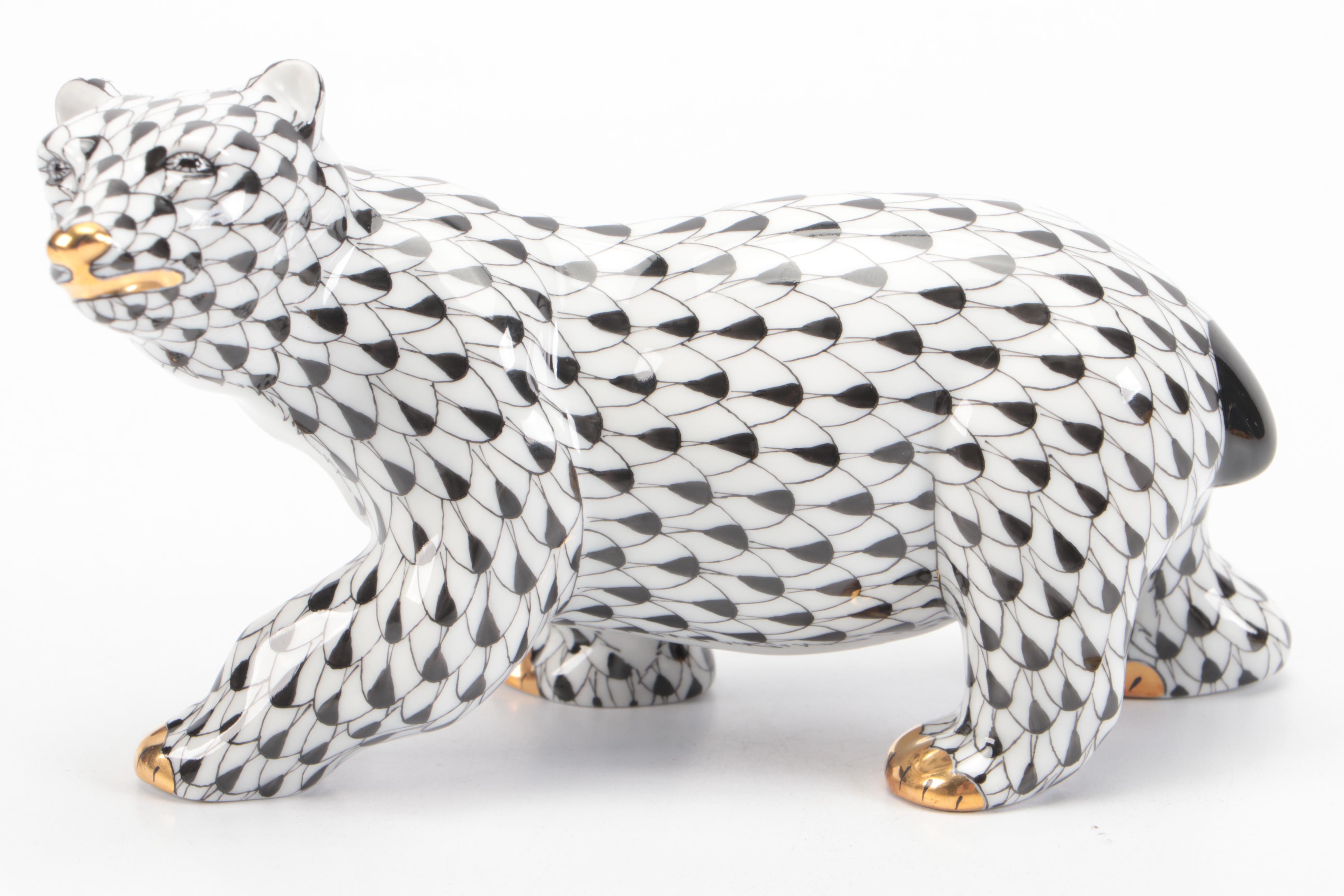 Herend Black Fishnet with Gold "Polar Bear" Porcelain Figurine, 1999