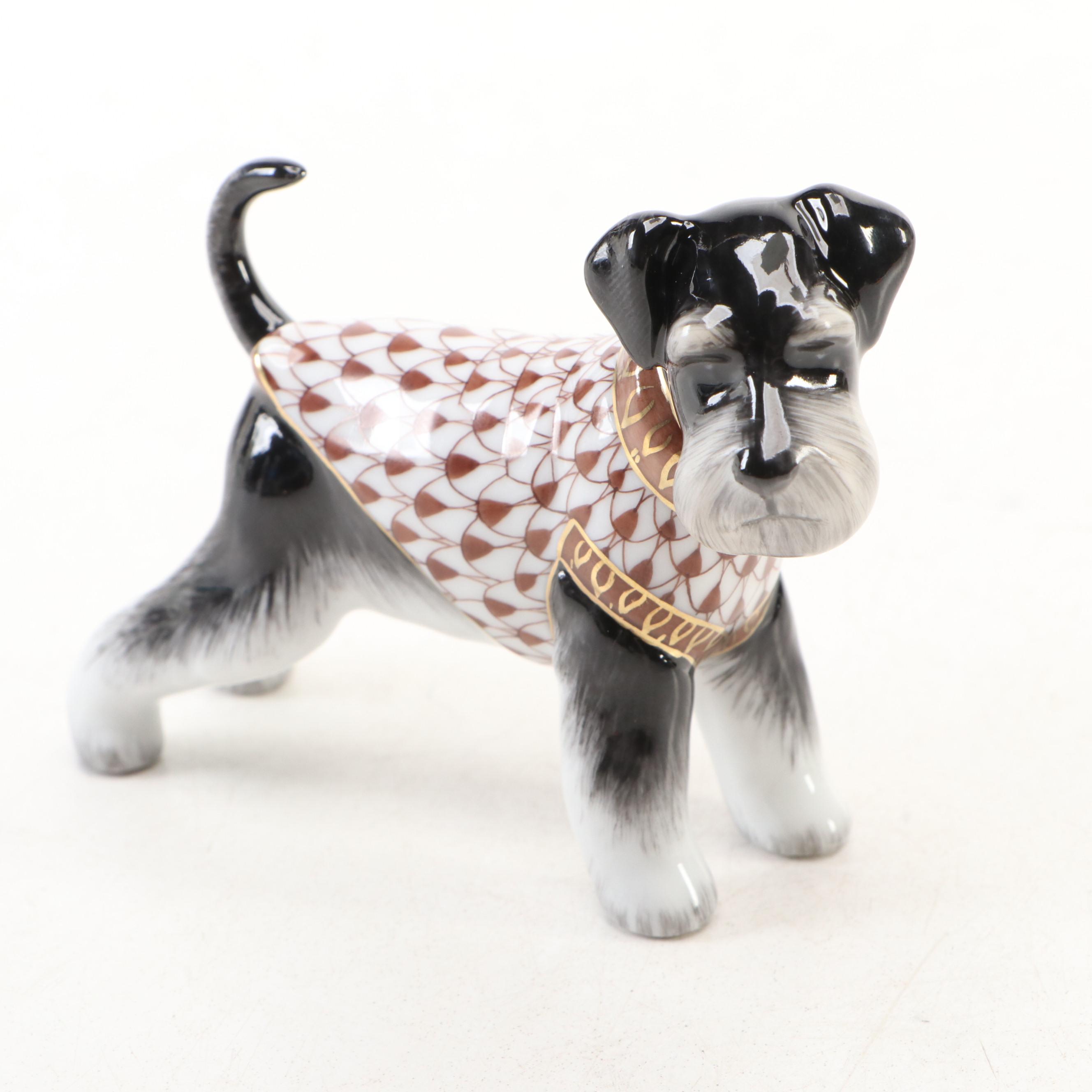 Herend Natural and Chocolate Fishnet "Schnauzer" Porcelain Figurine