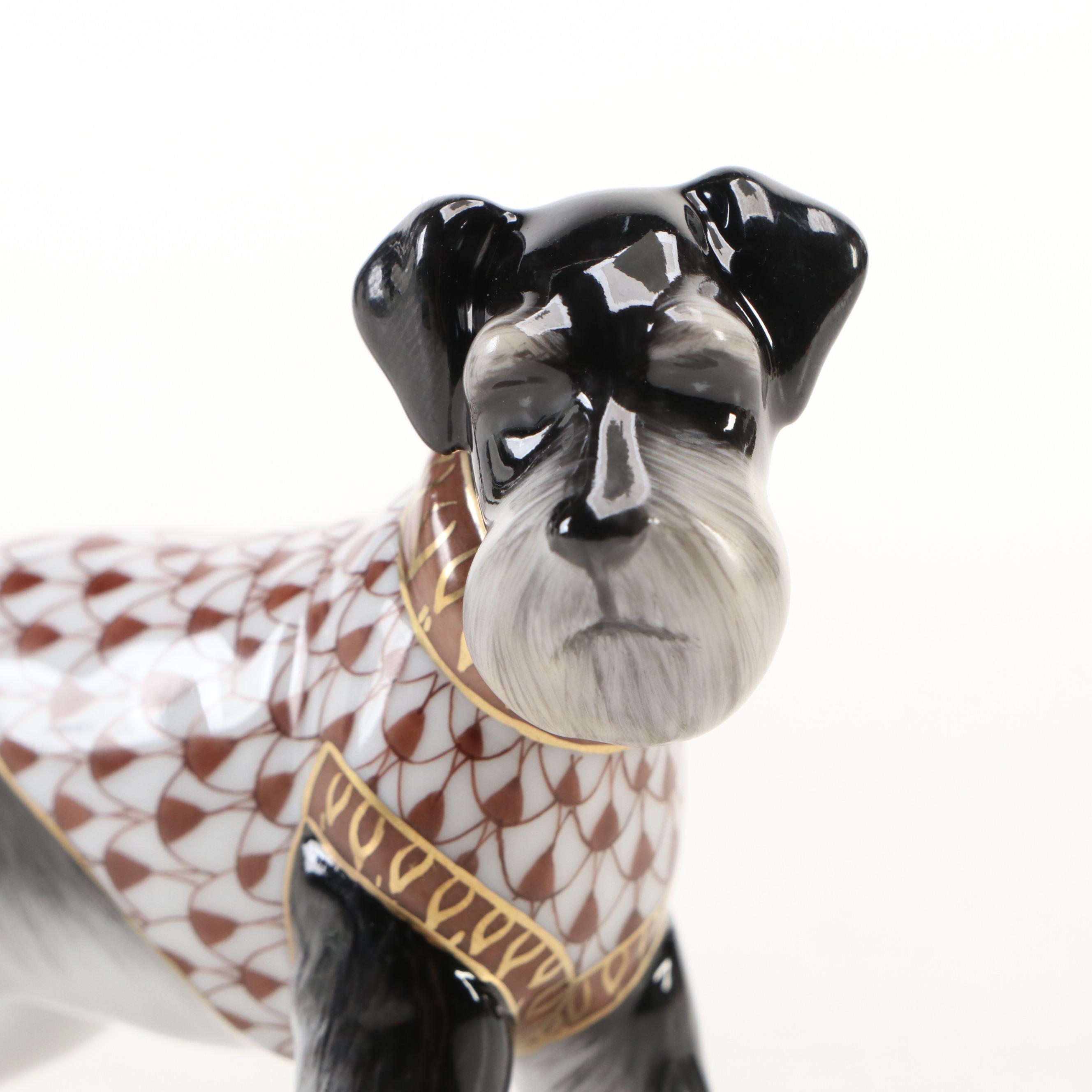 Herend Natural and Chocolate Fishnet "Schnauzer" Porcelain Figurine