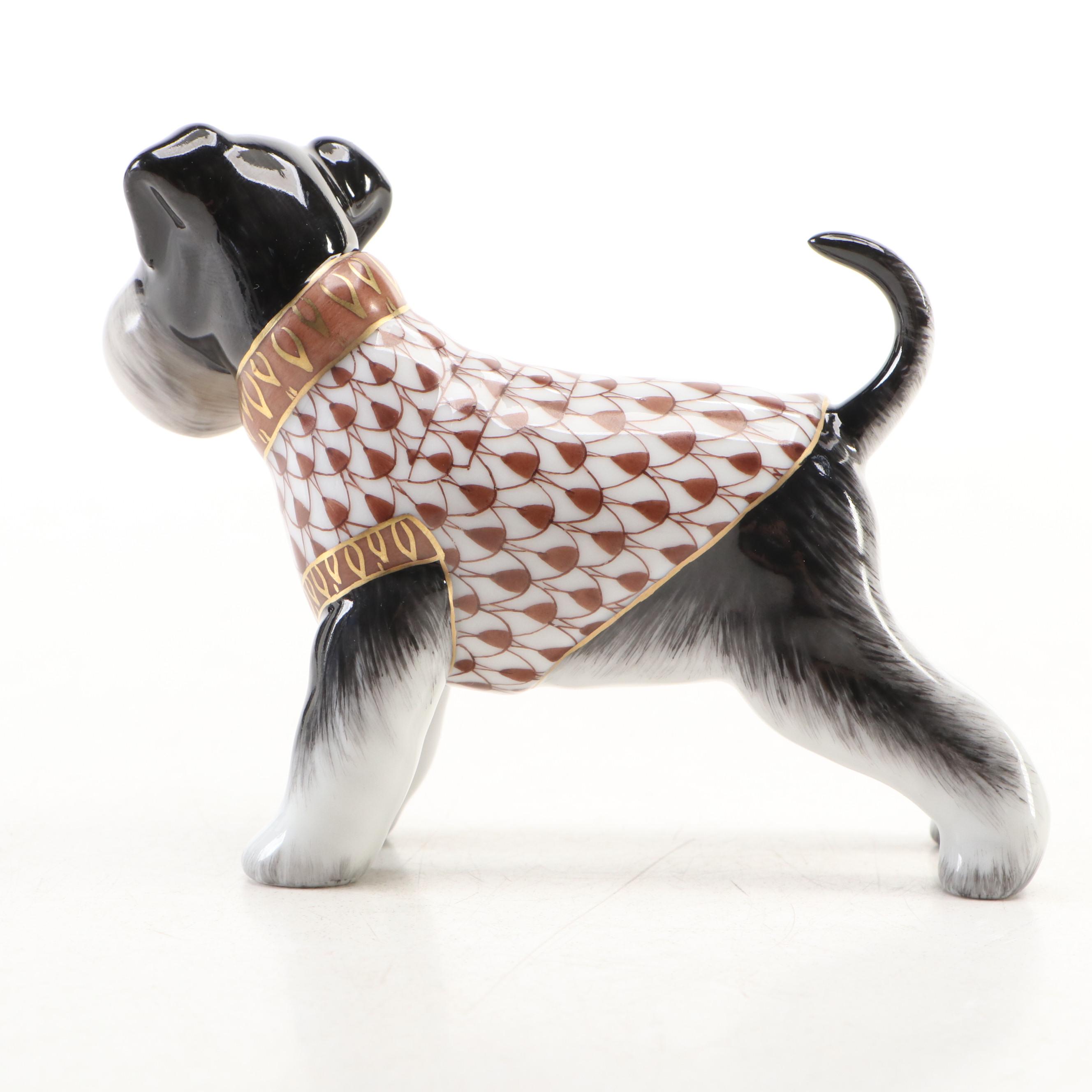 Herend Natural and Chocolate Fishnet "Schnauzer" Porcelain Figurine