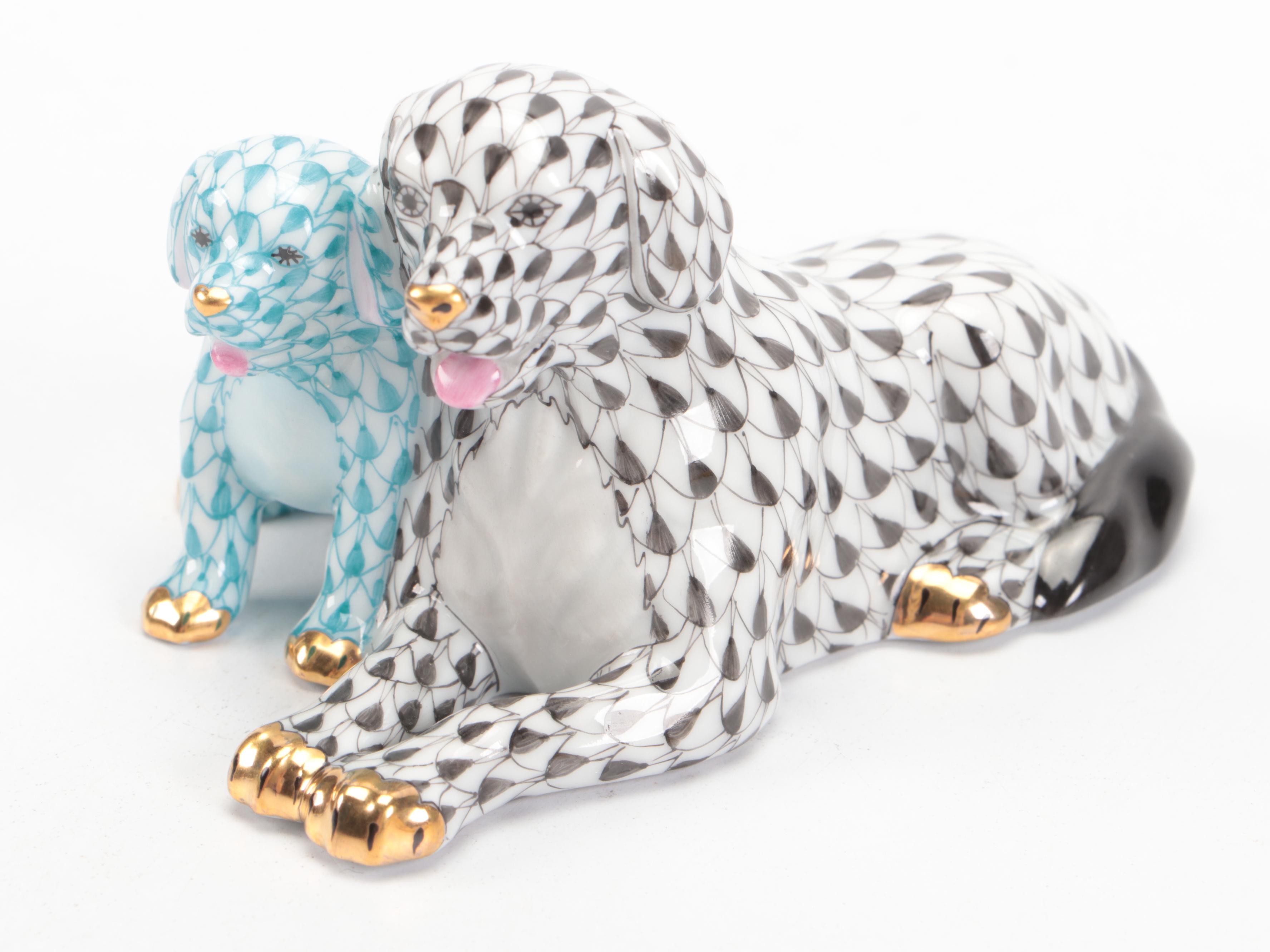 Herend Black and Turquoise Fishnet with Gold "Mommy and Me" Porcelain Figurine