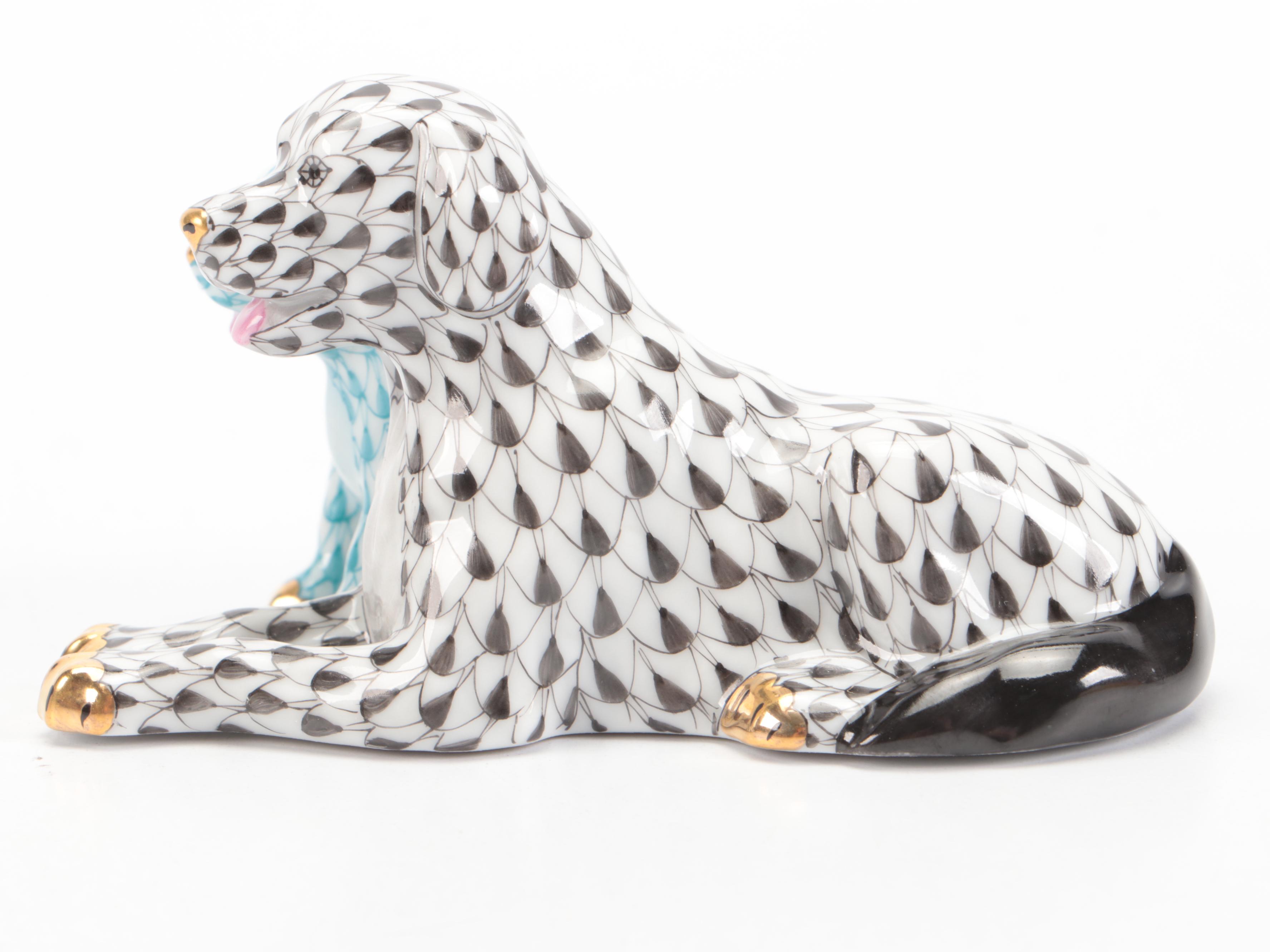 Herend Black and Turquoise Fishnet with Gold "Mommy and Me" Porcelain Figurine