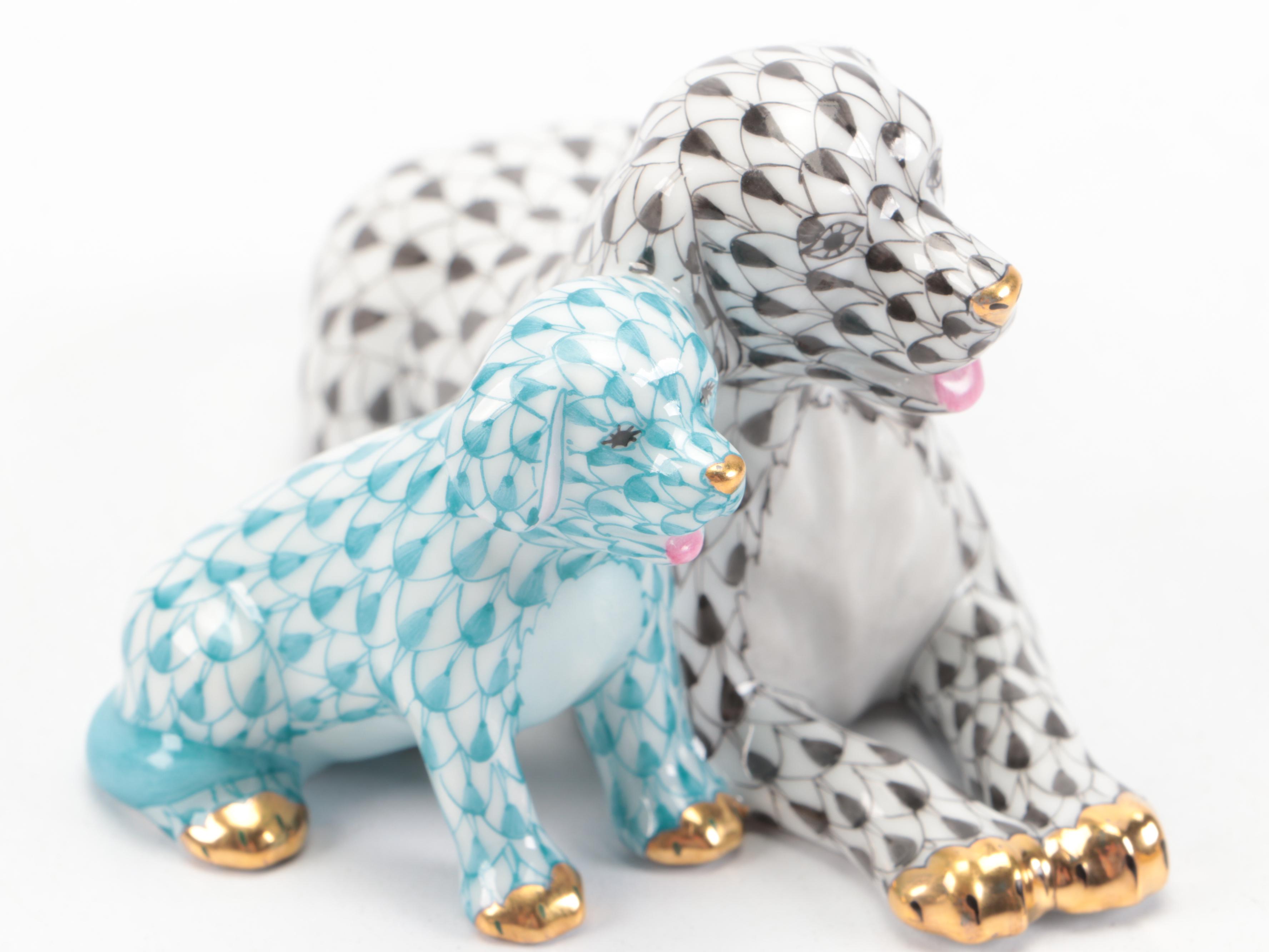 Herend Black and Turquoise Fishnet with Gold "Mommy and Me" Porcelain Figurine