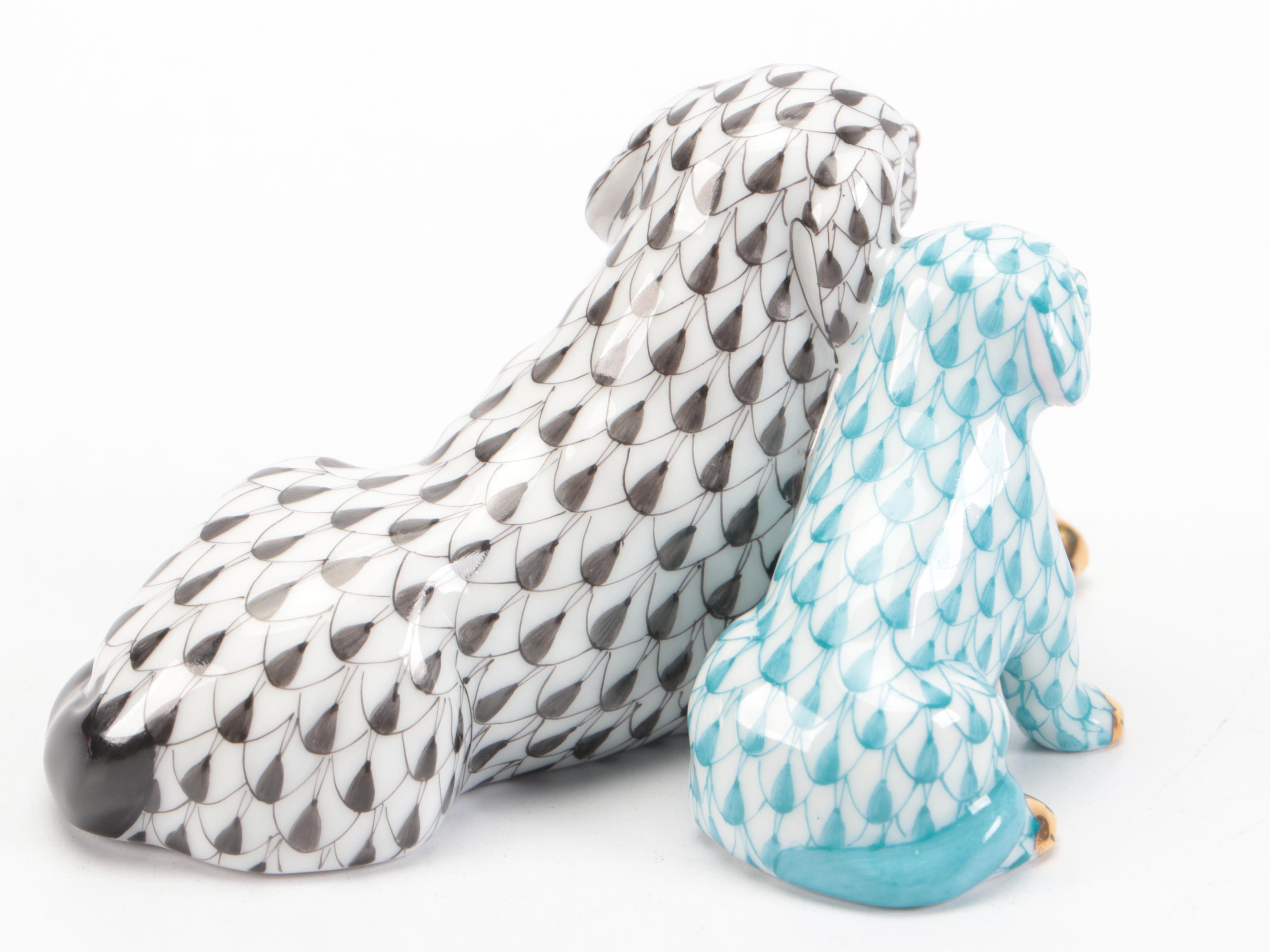 Herend Black and Turquoise Fishnet with Gold "Mommy and Me" Porcelain Figurine