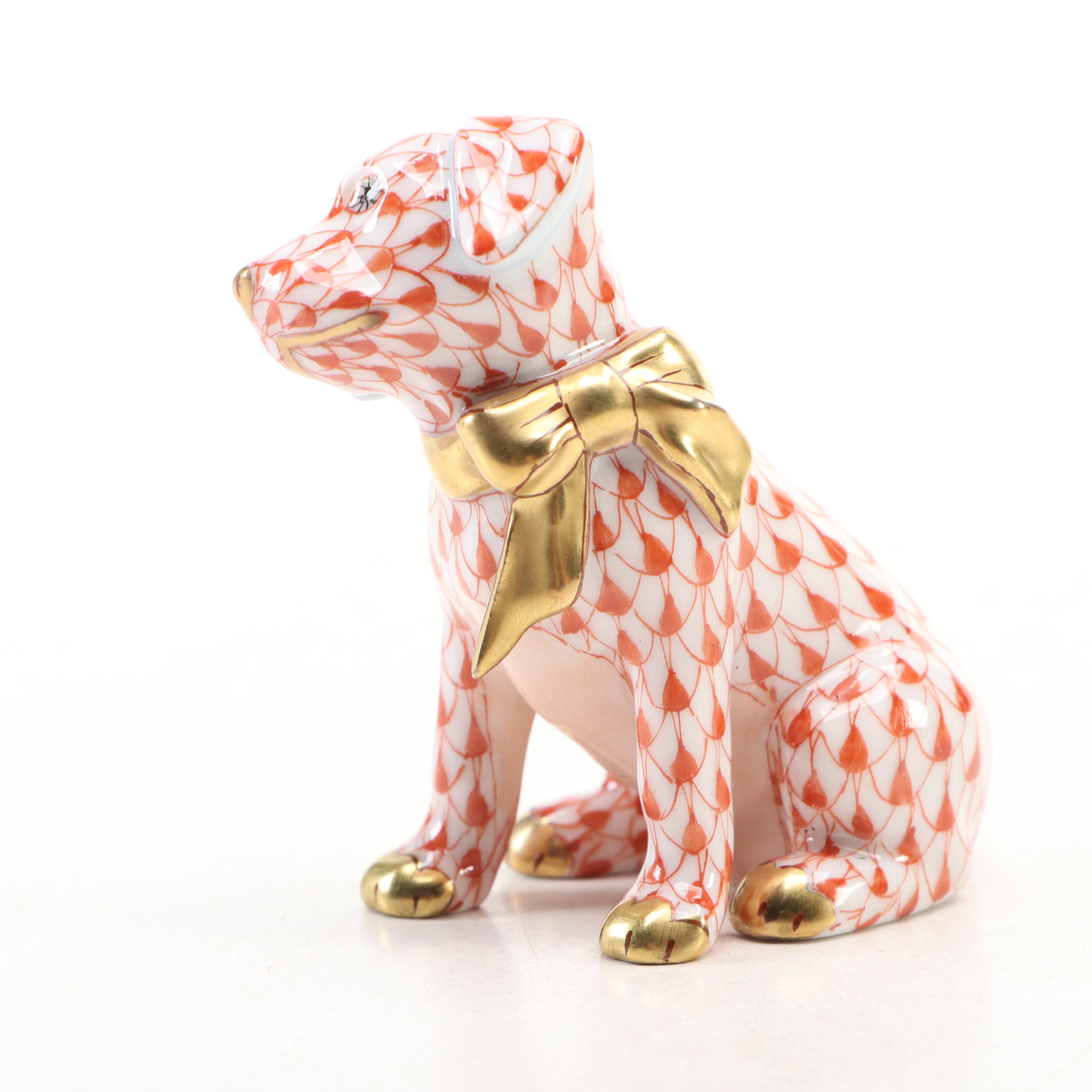 Herend Rust Fishnet with Gold "Doggie Dazzle" Porcelain Figurine