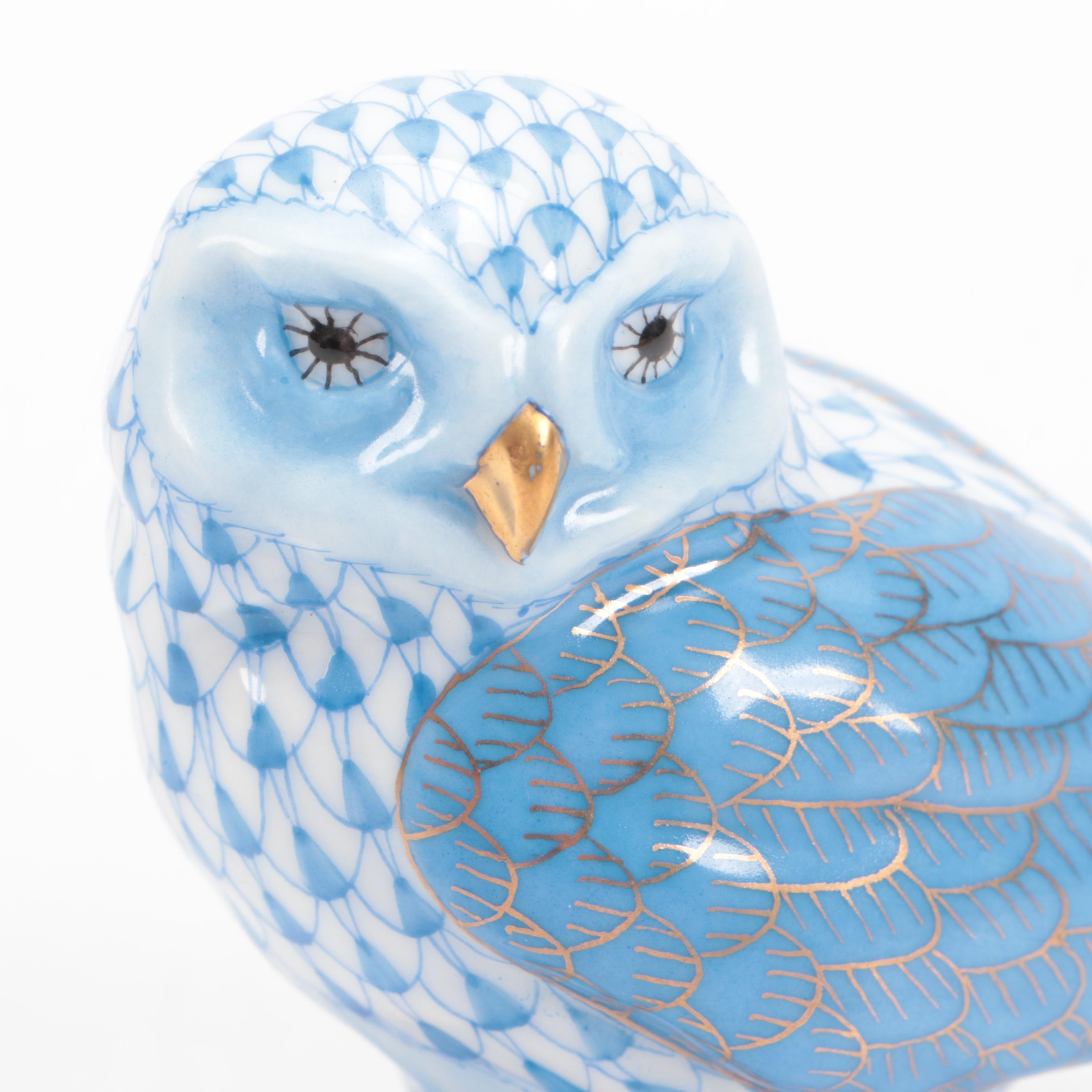 Herend Blue Fishnet with Gold "Burrowing Owl" Porcelain Figurine