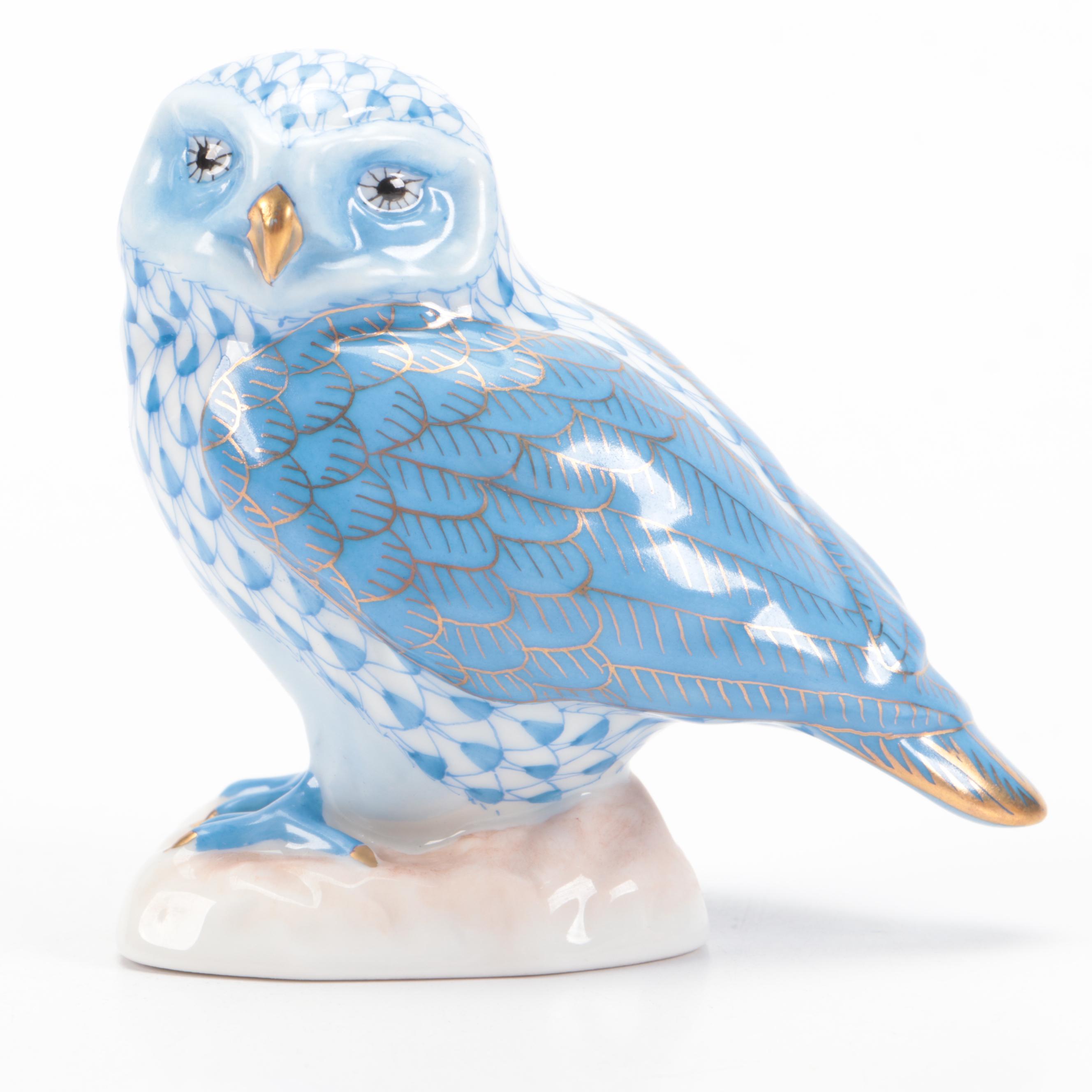 Herend Blue Fishnet with Gold "Burrowing Owl" Porcelain Figurine