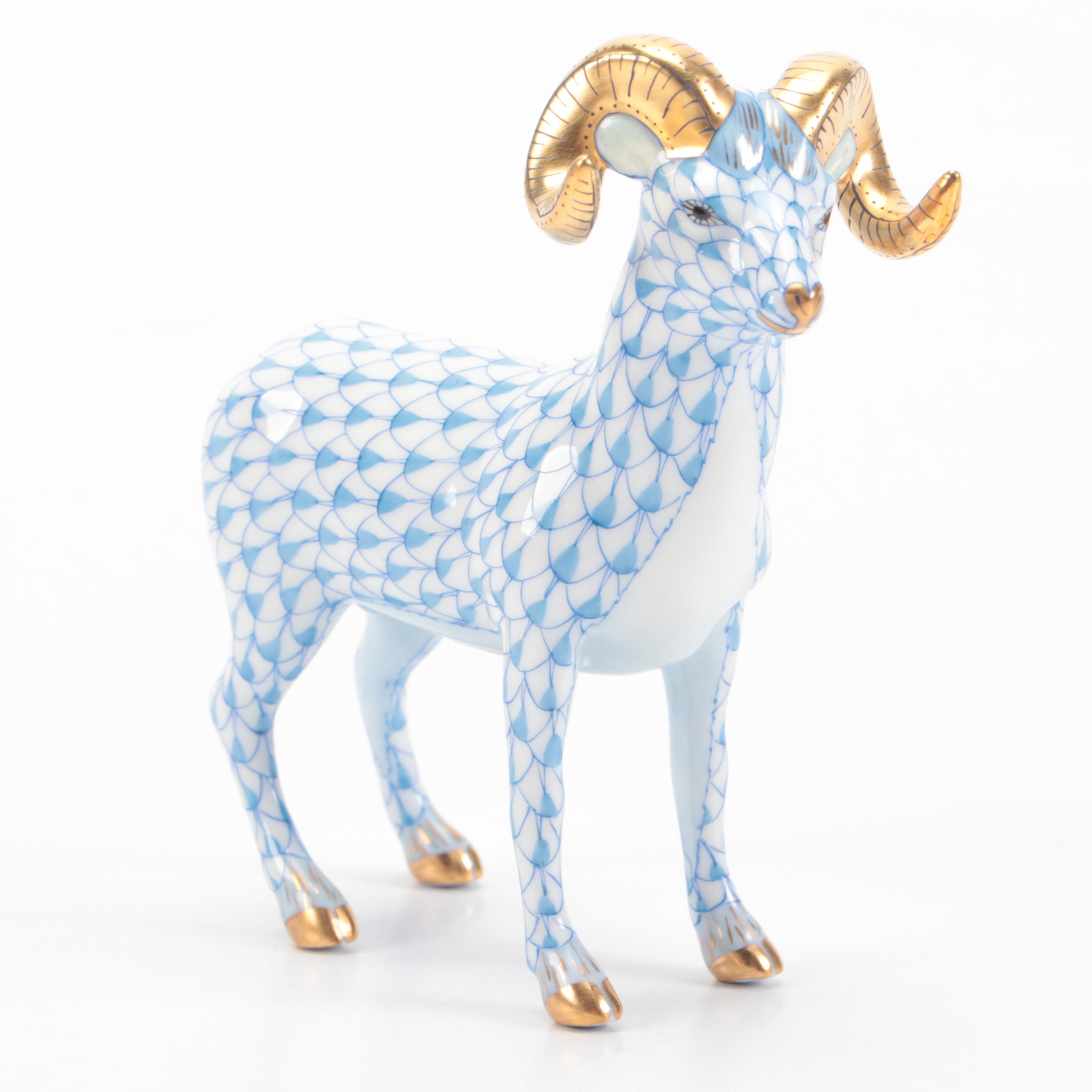 Herend Blue Fishnet with Gold "Standing Ram" Porcelain Figurine, 1999
