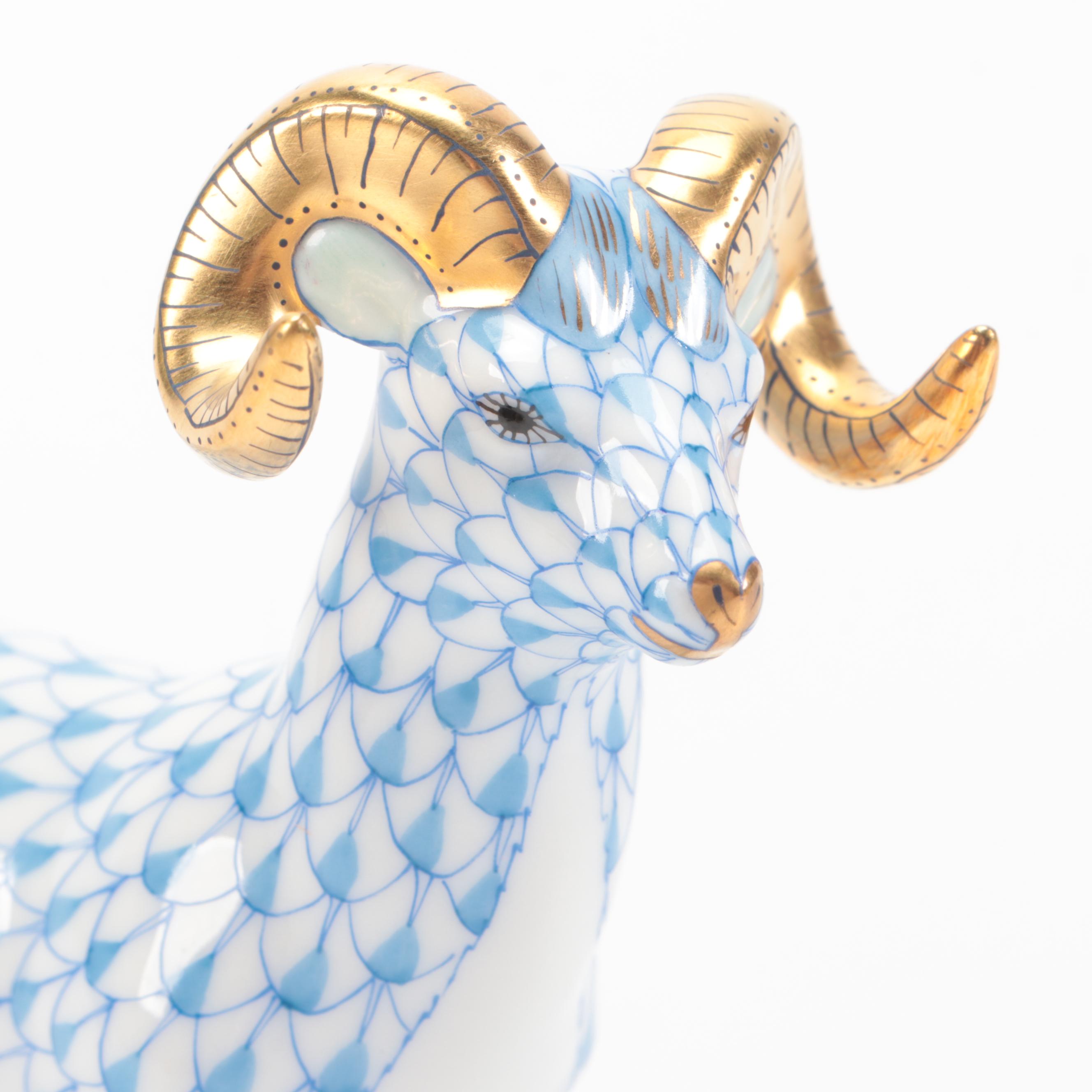 Herend Blue Fishnet with Gold "Standing Ram" Porcelain Figurine, 1999
