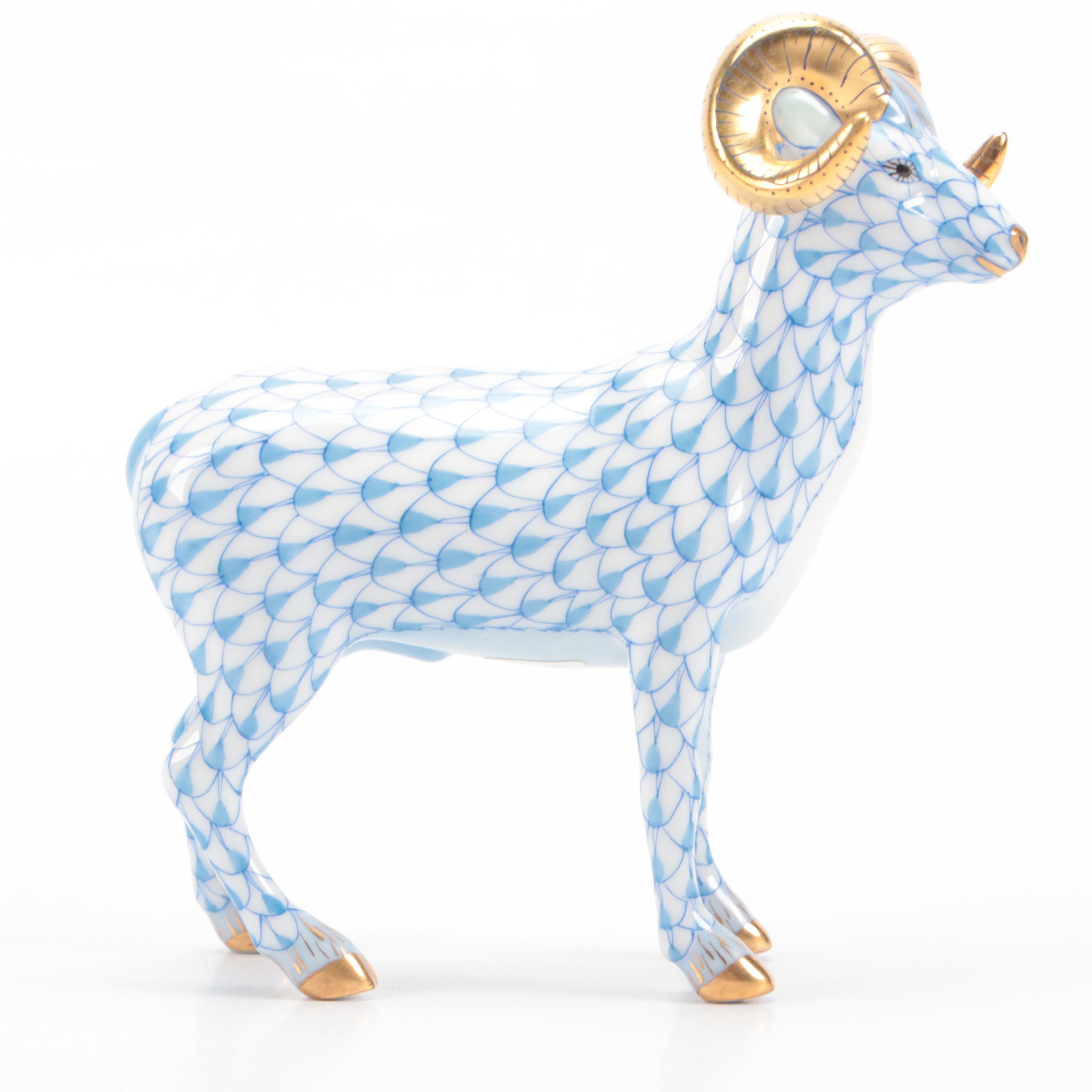 Herend Blue Fishnet with Gold "Standing Ram" Porcelain Figurine, 1999