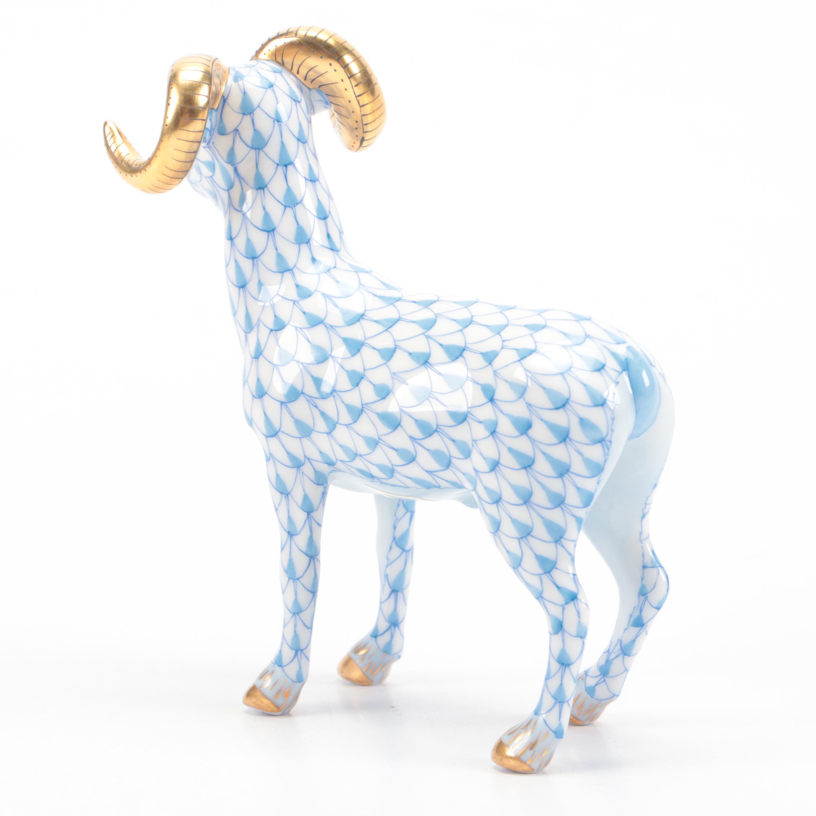 Herend Blue Fishnet with Gold "Standing Ram" Porcelain Figurine, 1999