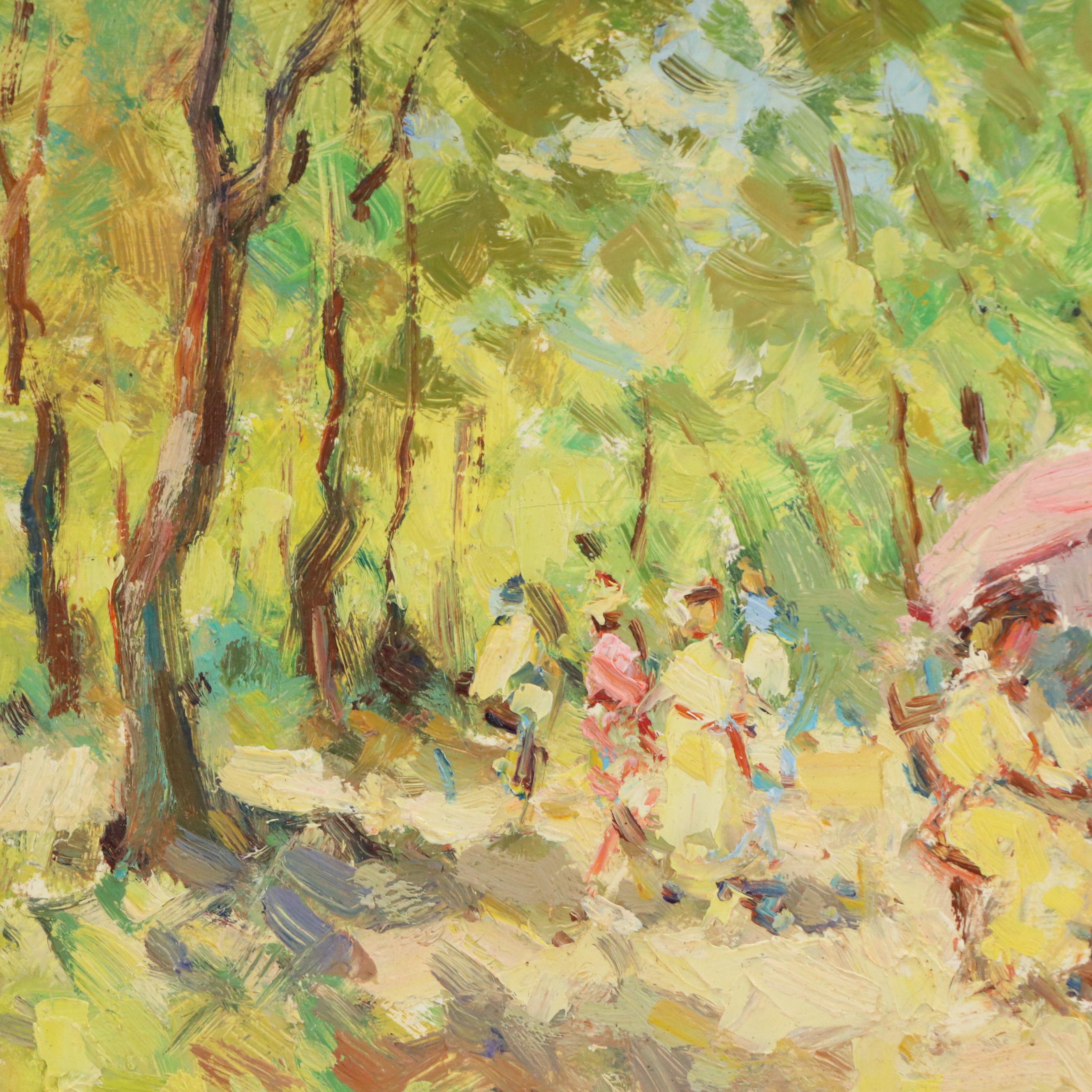 Impressionistic Figural Landscape Oil Painting, Mid-20th Century