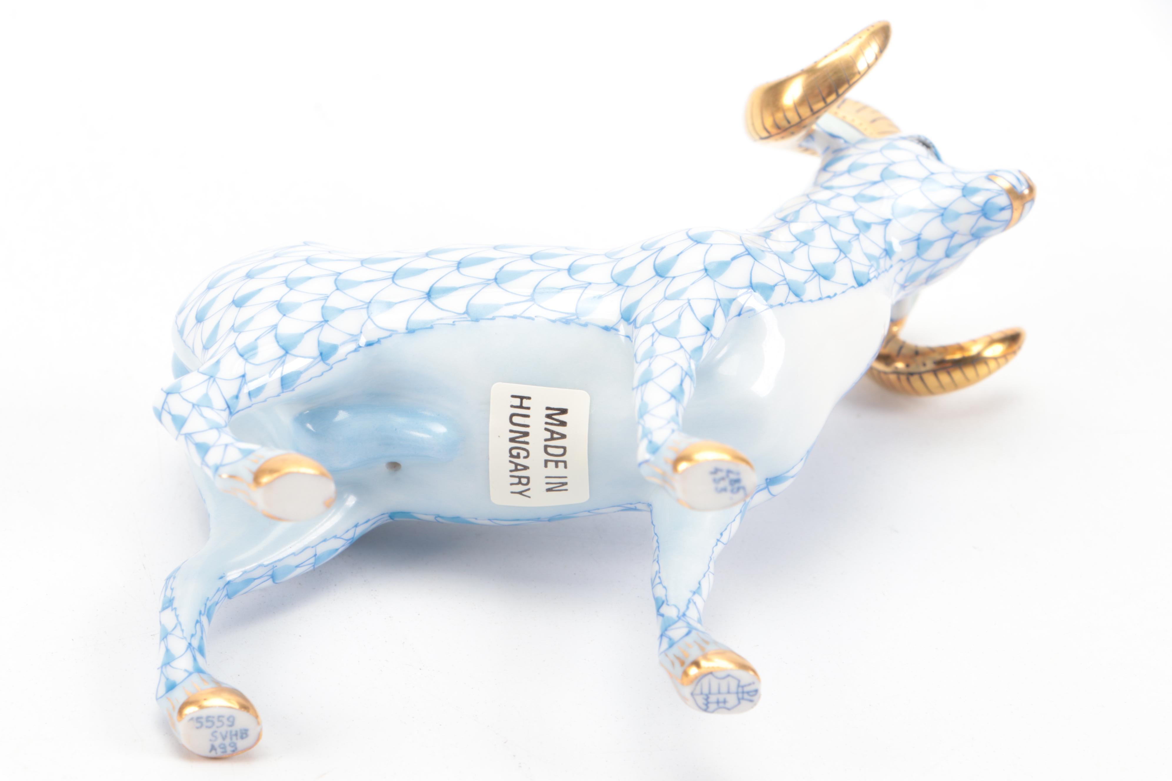 Herend Blue Fishnet with Gold "Standing Ram" Porcelain Figurine, 1999