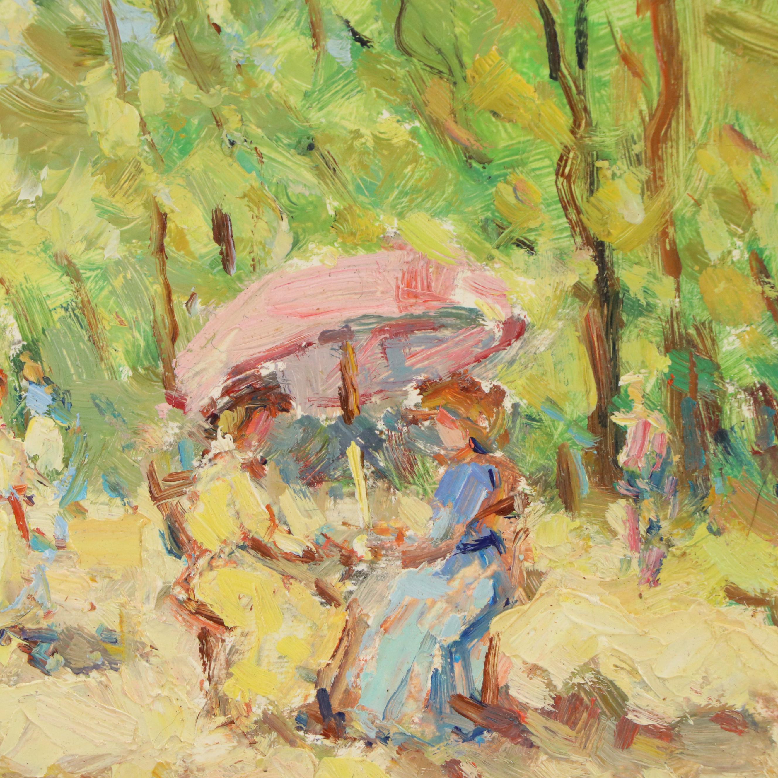 Impressionistic Figural Landscape Oil Painting, Mid-20th Century