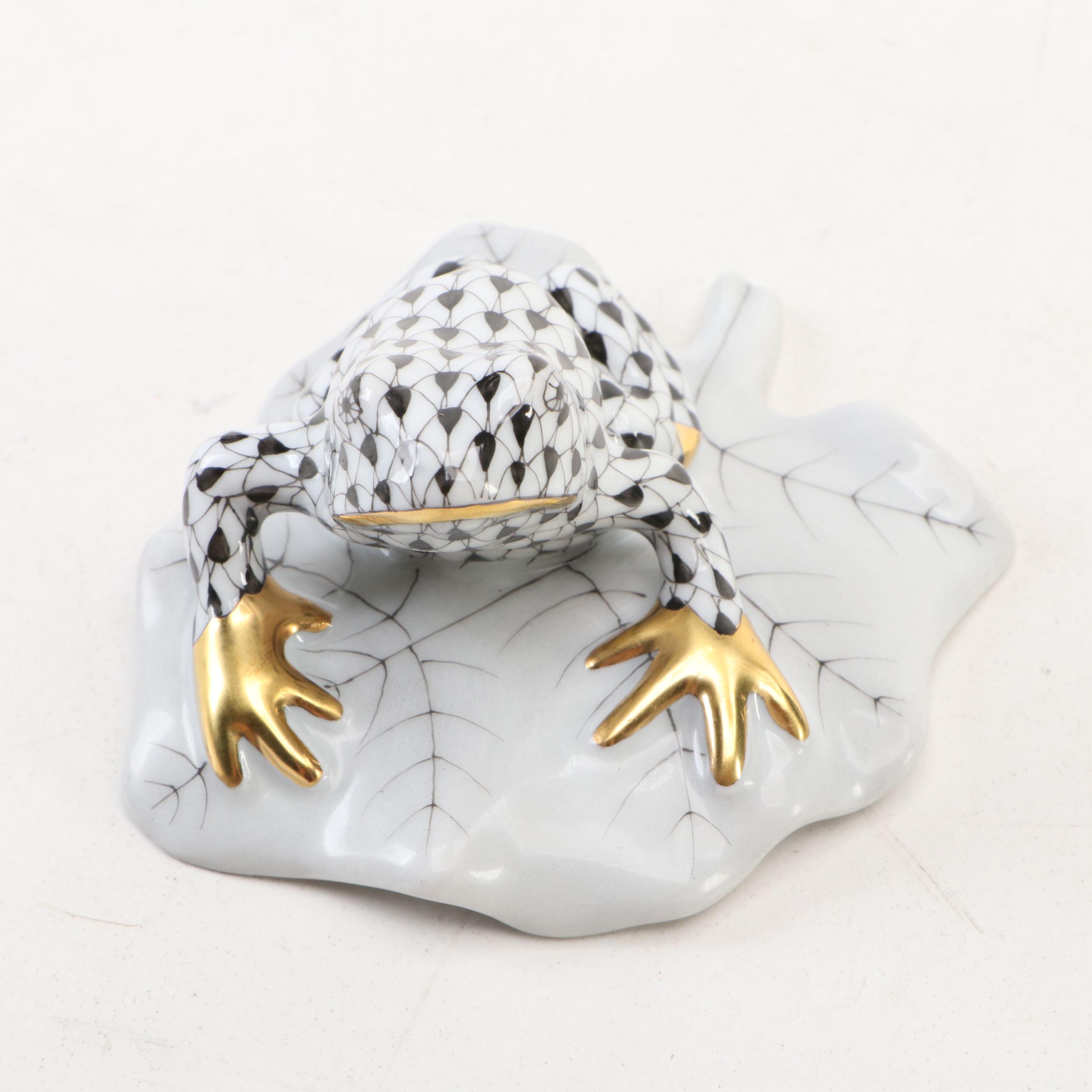 Herend Black Fishnet with Gold "Frog on Lily Pad" Porcelain Figurine